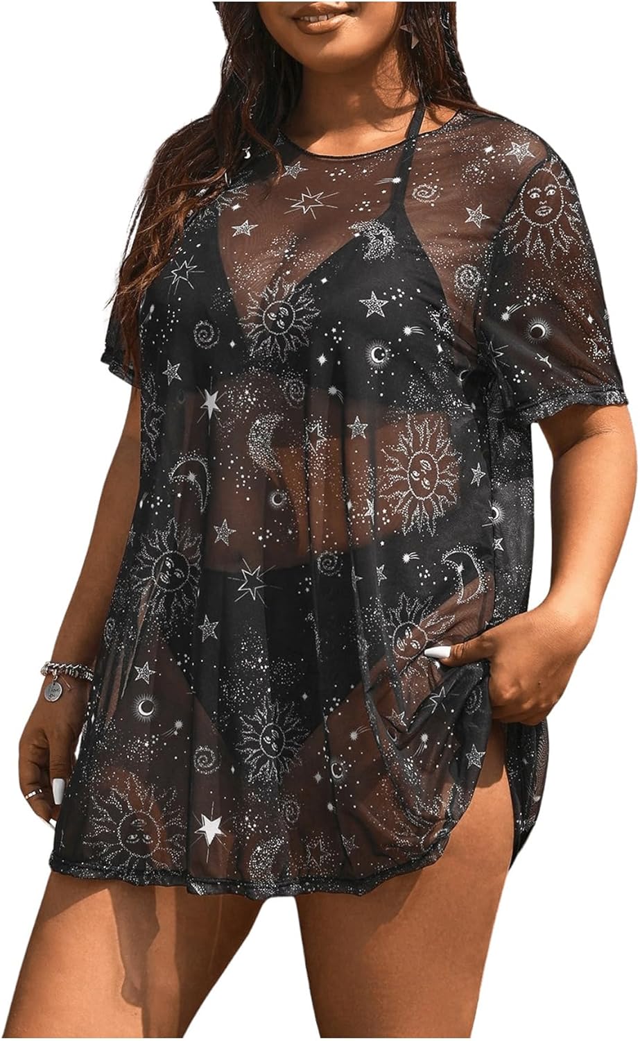 Floerns Women's Plus Size Short Sleeve T Shirts Galaxy Print Sexy Sheer Mesh Rave Festive Concert Going Out Cover Up Tops