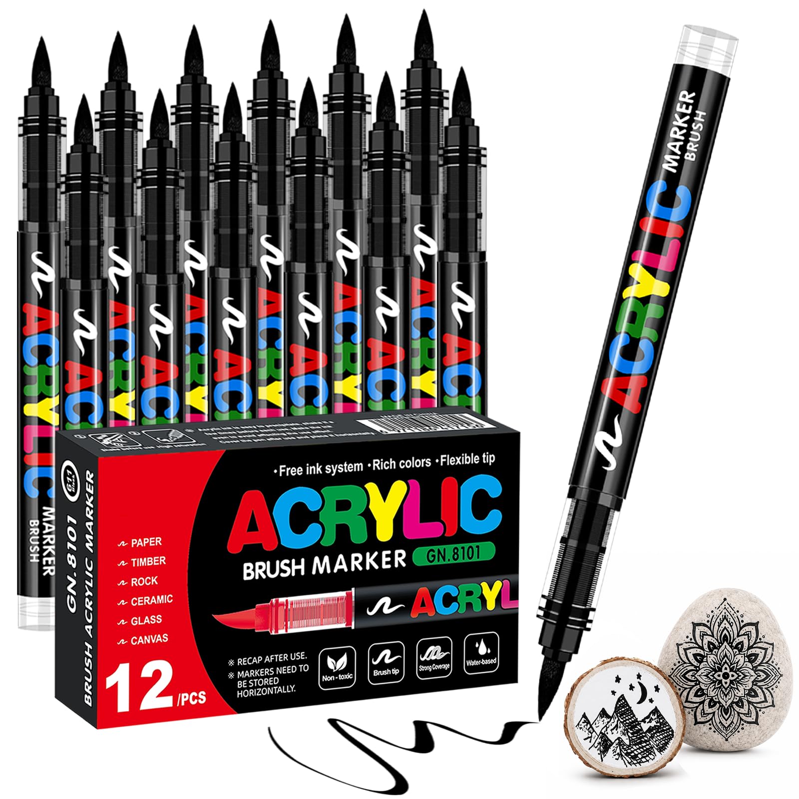 VAKKI 12 pcs Black Acrylic Markers, 1-6 mm Black Permanent Marker Pens, Permanent Markers Acrylic Coloring Markers, Stone, Calligraphy, Wood, Canvas, Glass, Ceramic