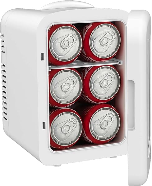 Frigidaire White Mini Personal Fridge Cooler, Transparent Door, 1 Gal Capacity fits Six Cans, Includes Plugs for Home Outlet & DC Charger - 9.84" D x 7.09" W x 10.35" H - 3