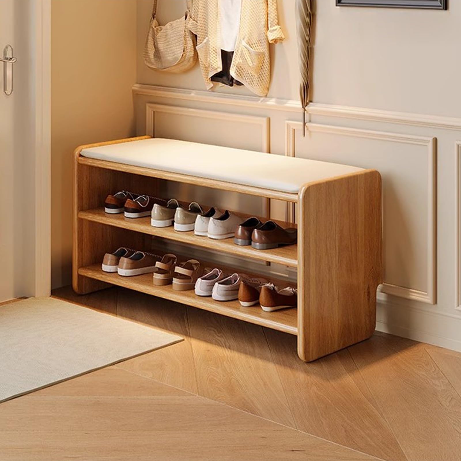 Solid Wood Changing Shoe Stool, Household Shoe Rack Bench, Entryway Bench with Leather Cushion, for Bedroom, Living Room, Balcony(Natural,80cm/31.5in)
