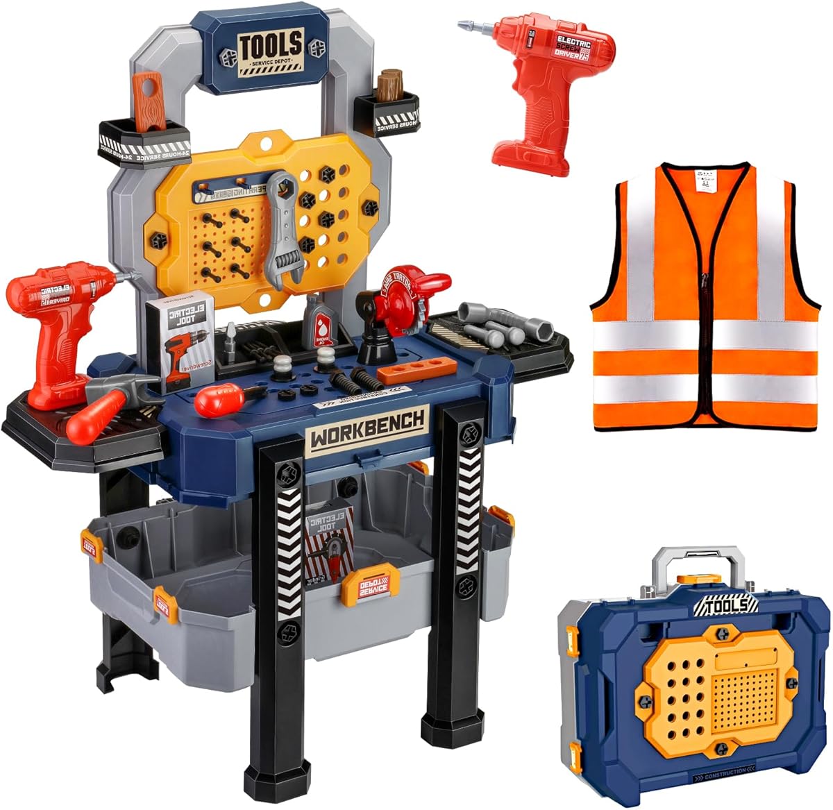 Deejoy Kids Bench with Realistic Tools & Electric Drill, 79 Pcs Realistic Toy Tools with Clothes, Toddler Learning Gift for Boys & Girls Age 3-5 (Blue) 32x26.6x14.4 in