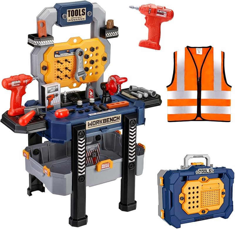 Kids Tool Bench with Realistic Tools & Electric Drill | 79 Pcs Realistic Toy Tools with Clothes, Toddler Tool Bench Learning Gift for Boys & Girls Age 3-5 (Blue) 32x26.6x14.4 in
