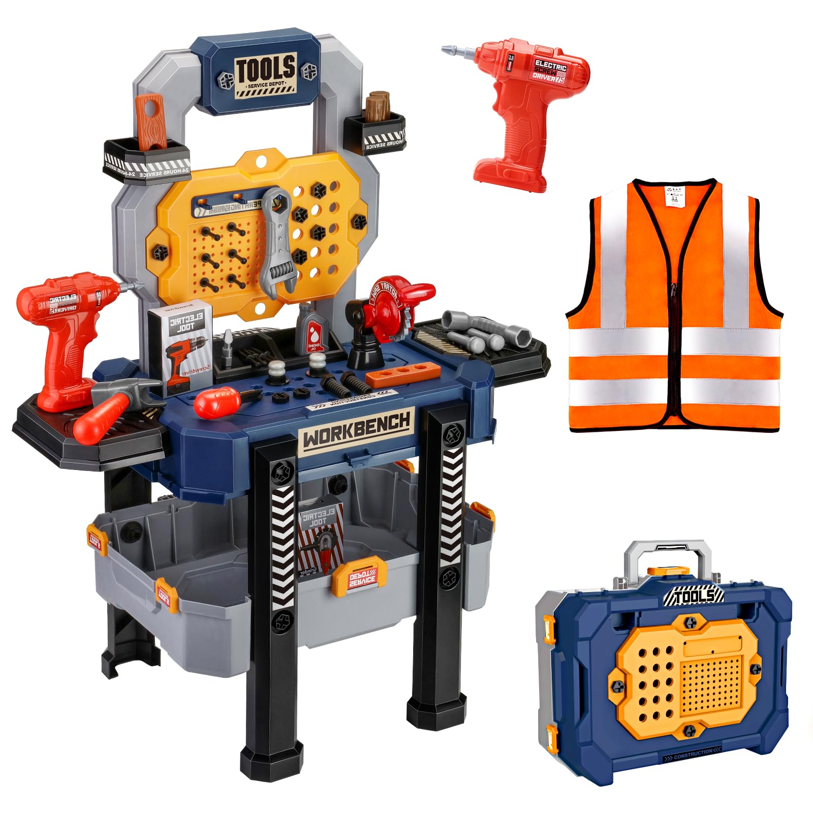 Deejoy Kids Tool Bench with Realistic Tools and Electric Drill, 79 Pcs Realistic Toy Tools with Clothes, Toddler Tool Bench Learning Gift for Boys & Girls Age 3-5 (Blue) 32x26.6x14.4 in