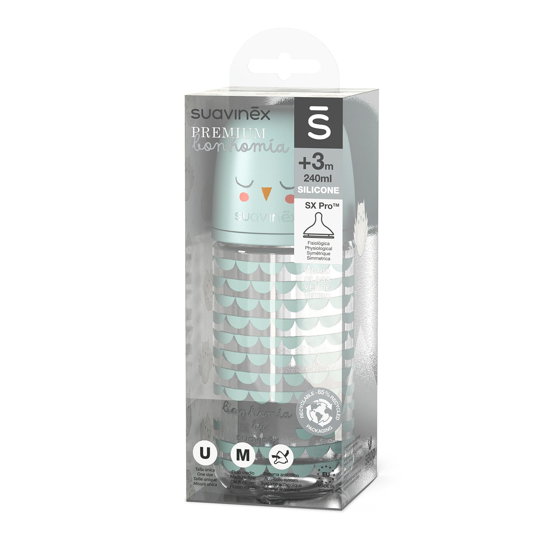 Suavinex, Confezione Biberon in Vetro da 240 ml. Biberon con tettarella simmetrica in silicone SX Pro flusso medio (M), anticoliche, per bambini +3 mesi, Bonhomia rosa, grigio