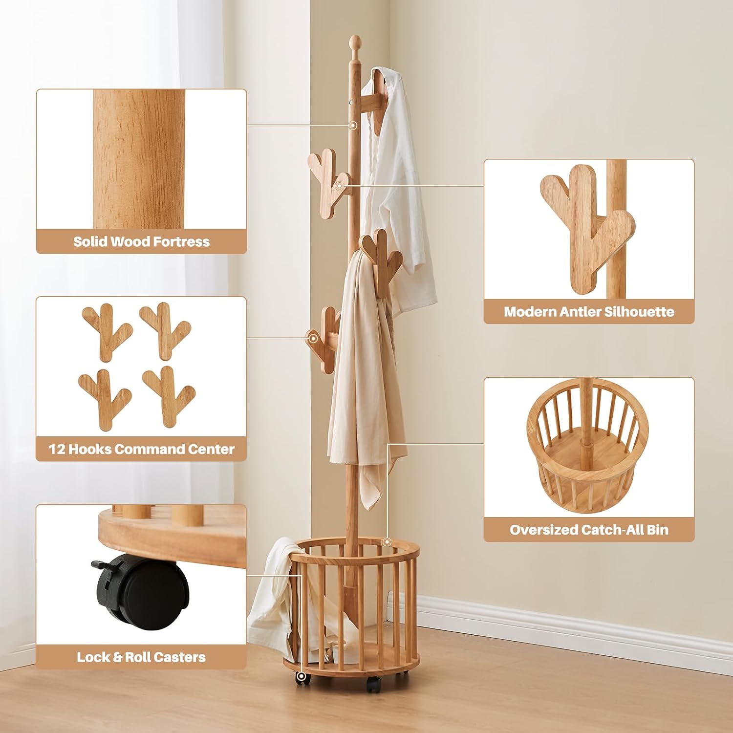 Wood Coat Rack with Umbrella Holder - Wooden Rolling Coat Hat Rack with Wheels & 12 Hooks, Heavy Duty Freestanding Standing Rack for Bedroom, Entryway, Living Room (Natural)