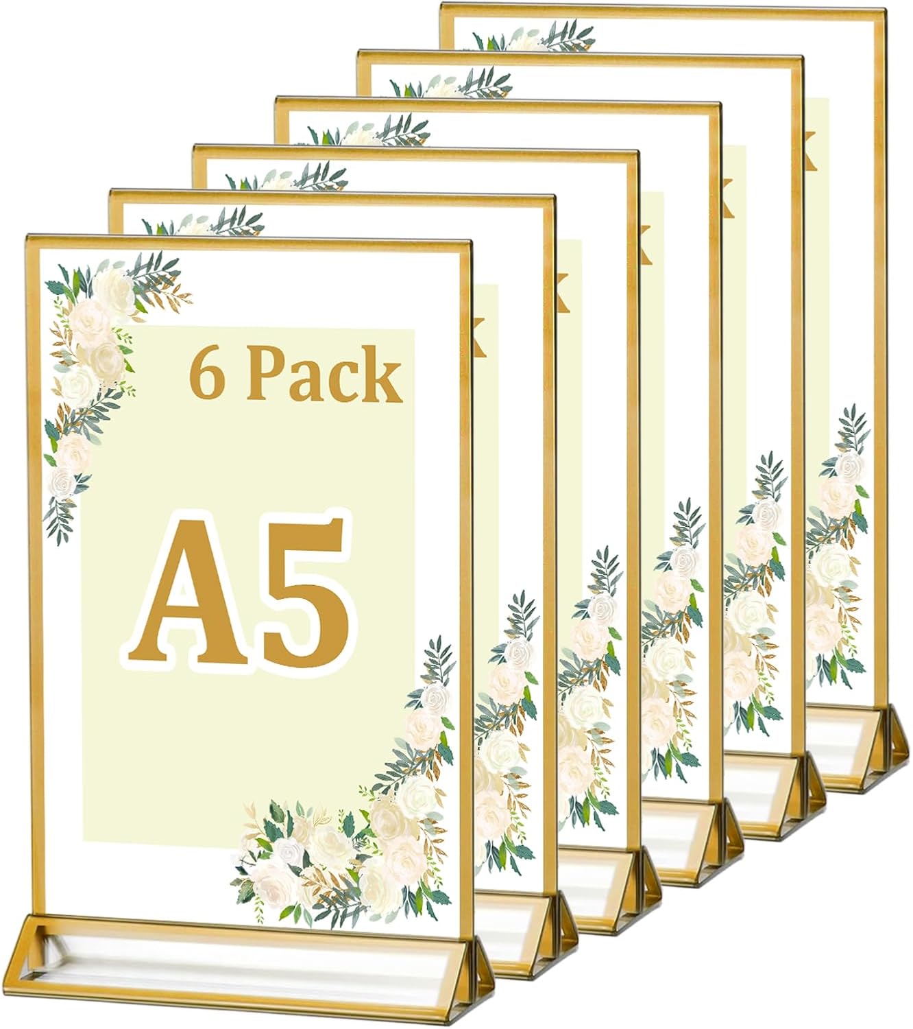 DMSELL 6 Pack A5 Acrylic Sign Holder with Gold Border, A5 Display Stand