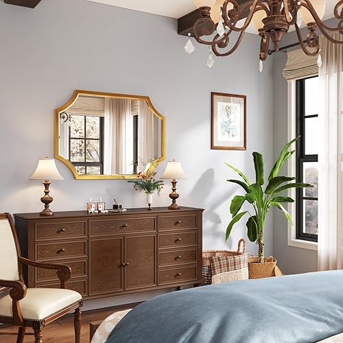 Miniatura 5 de Kelly Miller Espejo de baño dorado para pared, espejo de tocador dorado de 20 x 28 pulgadas, espejo festoneado, espejo de pared decorativo biselado