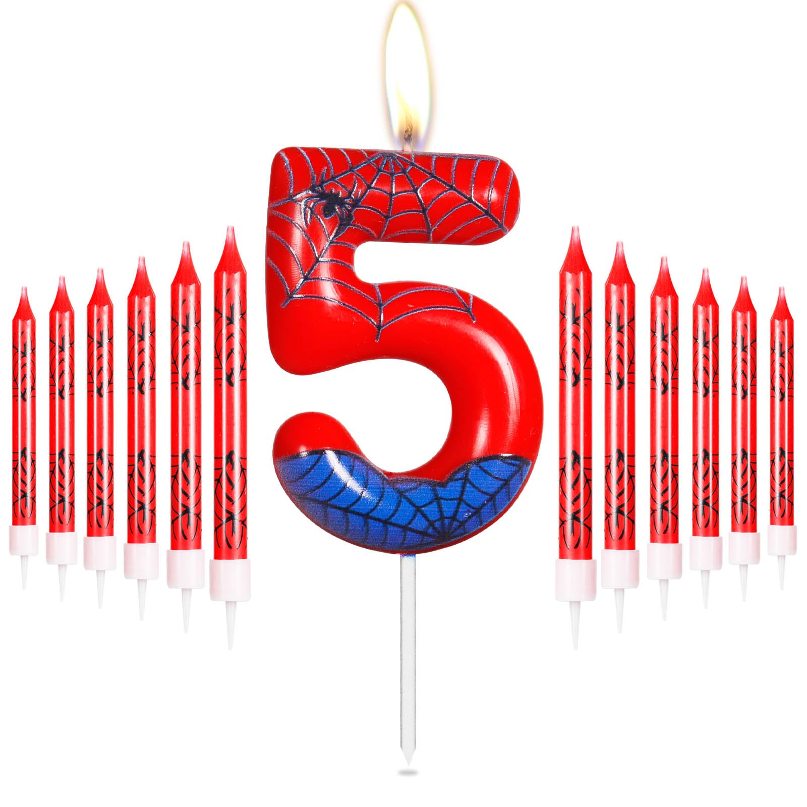 mciskin Personalied Happy 5th Birthday Cake Candles Set,Blue Red with Spider Web,Spider Number 5 Toppers for Cake,Spider Theme Party Boys Girls Decorations