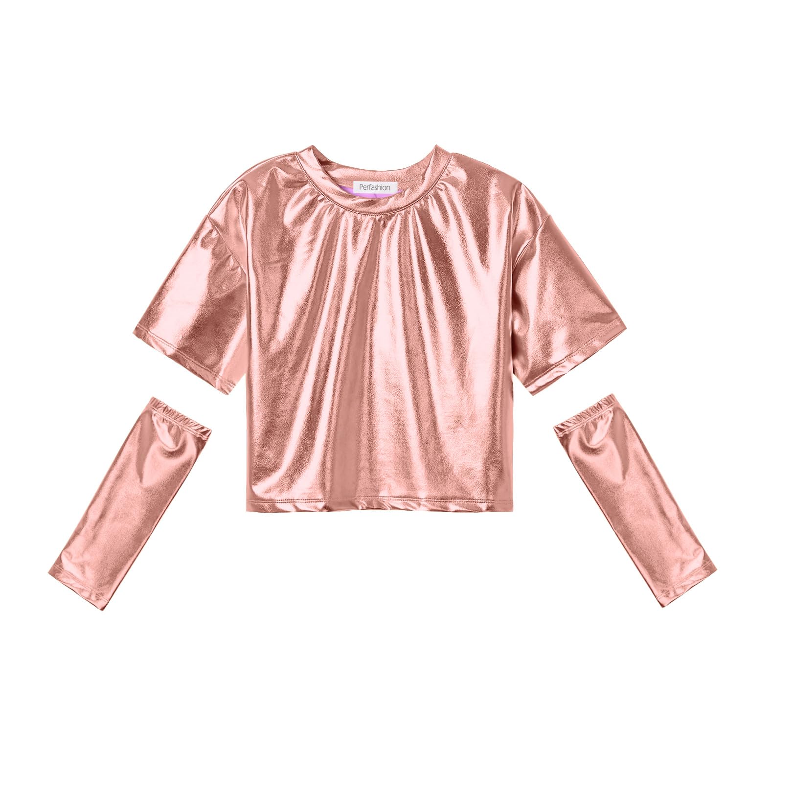 Perfashion Girls Metallic Shirts with Arm Sleeves, Shiny Crop Top for Dancing, Raves, Festivals, Costumes 4-15 Years