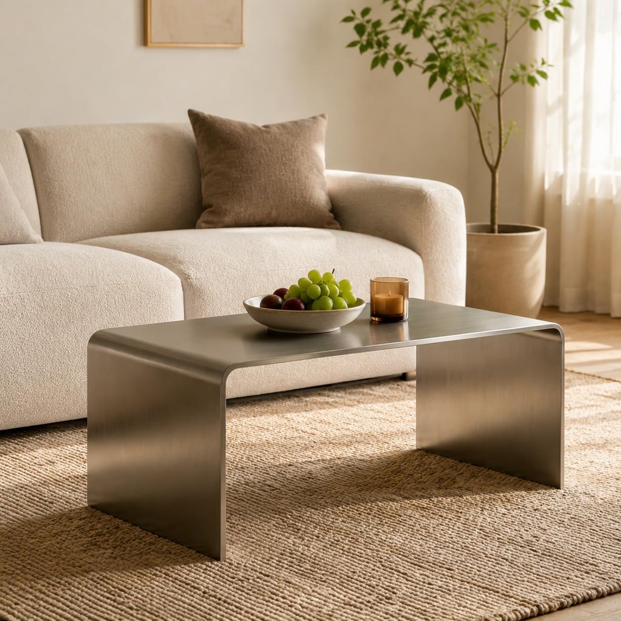 Stainless Steel C-Shaped End Table, Silver Sofa Bedside | one-piece bent form, brushed finish, pre-assembled, end table
