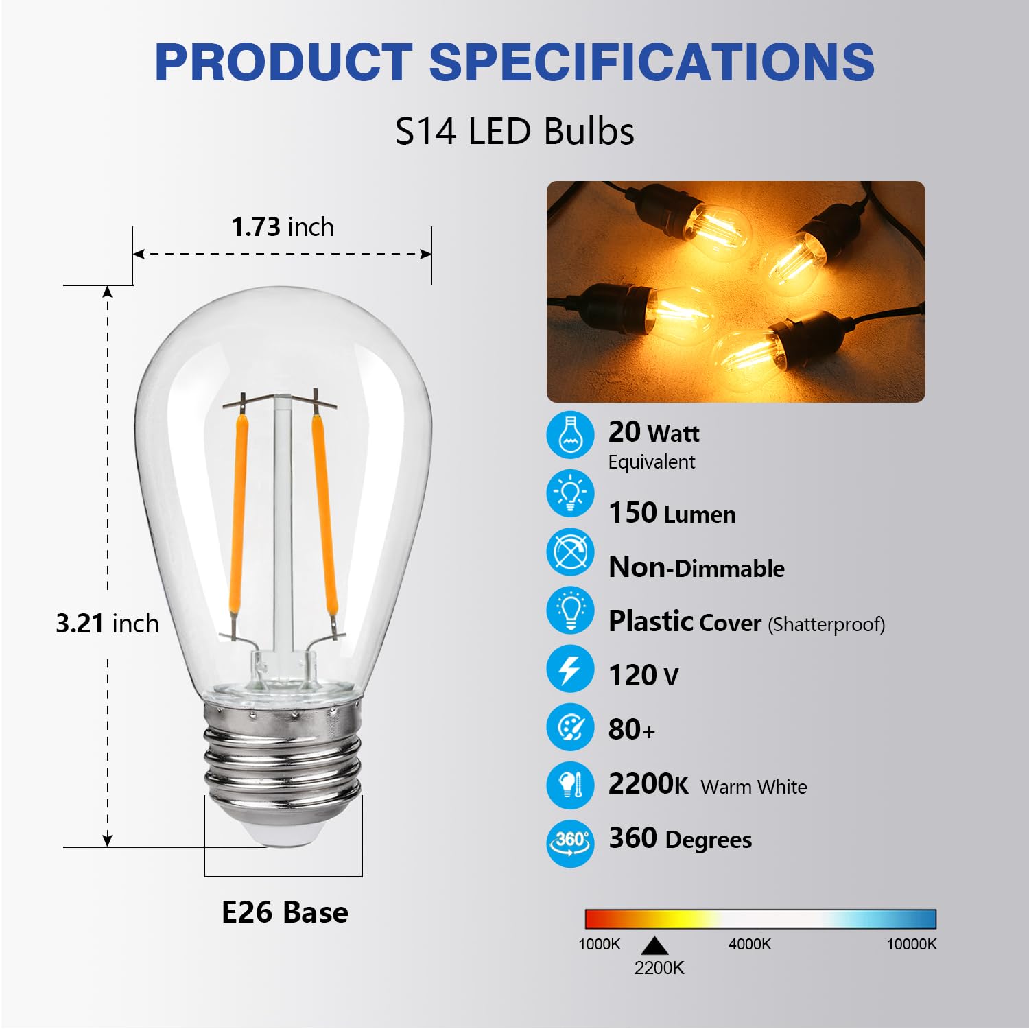 Bombillas LED de repuesto S14, inastillables e impermeables de 2 W, bombillas LED S14, cadena de luces para exteriores, base E26, bombillas LED Edison para patio, blanco cálido, plástico de 2200 K