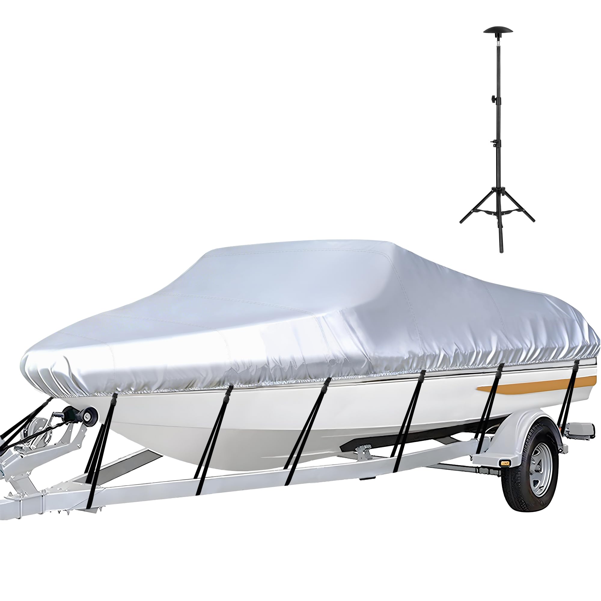 iCOVER Trailerable Boat Cover with Support Pole- 23'-24' Heavy Duty Waterproof Tarp Covers, Fits V-Hull, Fish&amp;Ski, Pro-Style, Fishing, Runabout, Bass Boats, up to 23ft-24ft Long and 102" Wide, Silver