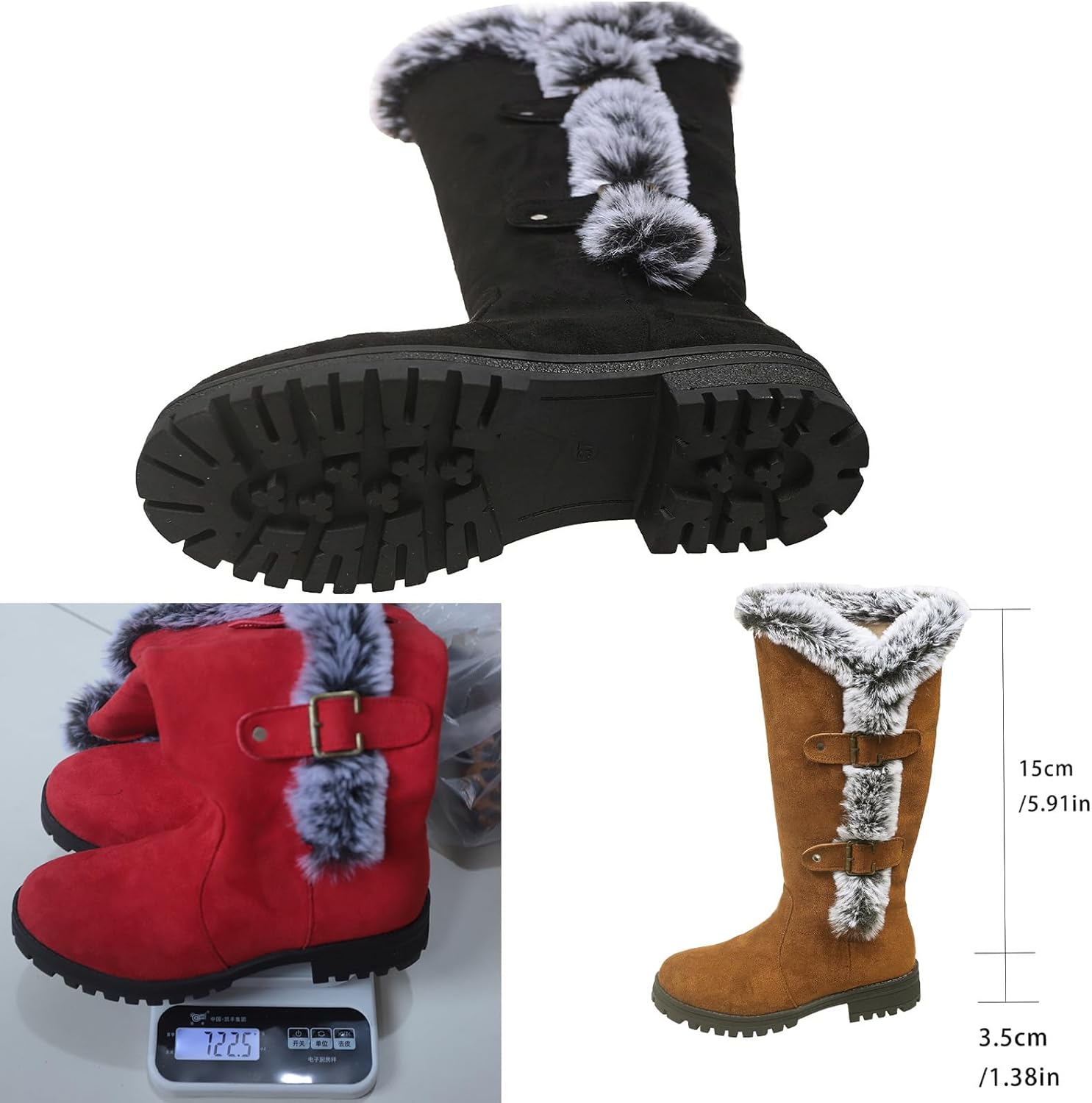 Women's Thick Plush Mid Calf Snow Boots, Winter Outdoor Warm Fur Lined Chunky Heel Suede Booties with Zipper Fur Collar