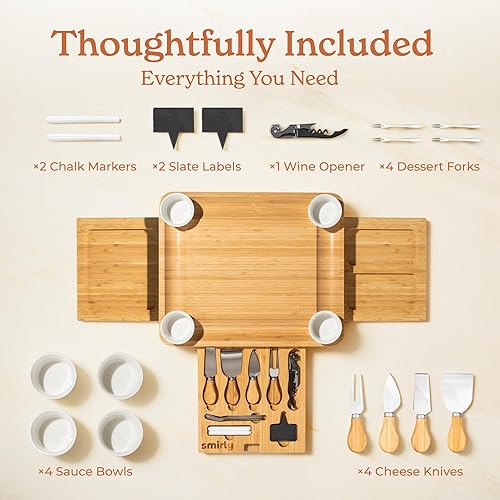 Miniatura 3 de Smirly - Juego de tabla de quesos y cuchillos Bandeja de madera para vino queso carne 160 x 130 x 2 pulgadas