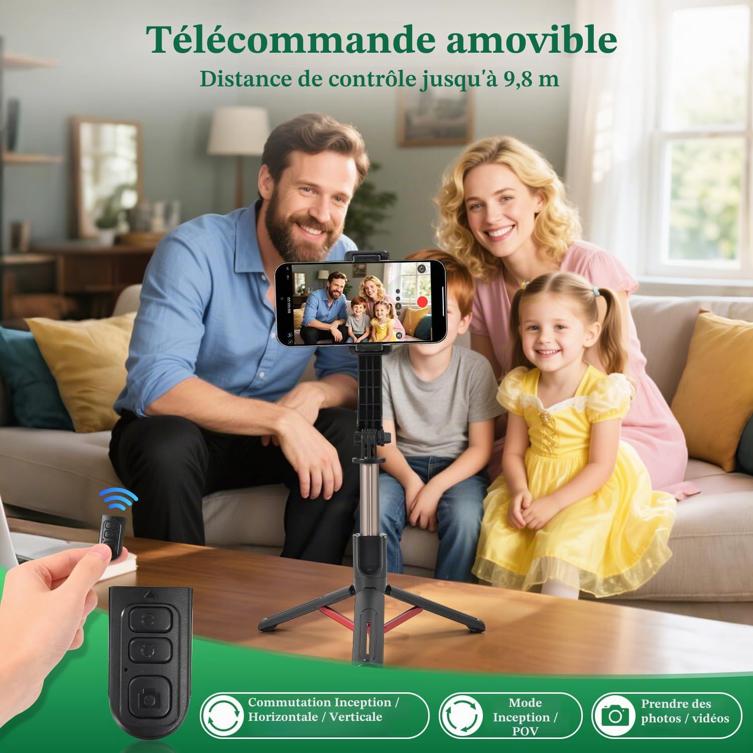 Stabilisateur de cardan pour smartphones, cardan de téléphone à 1 axe avec télécommande, perche à selfie portable et pliable et support de téléphone pour stabilisateur de vlogging, vidéos