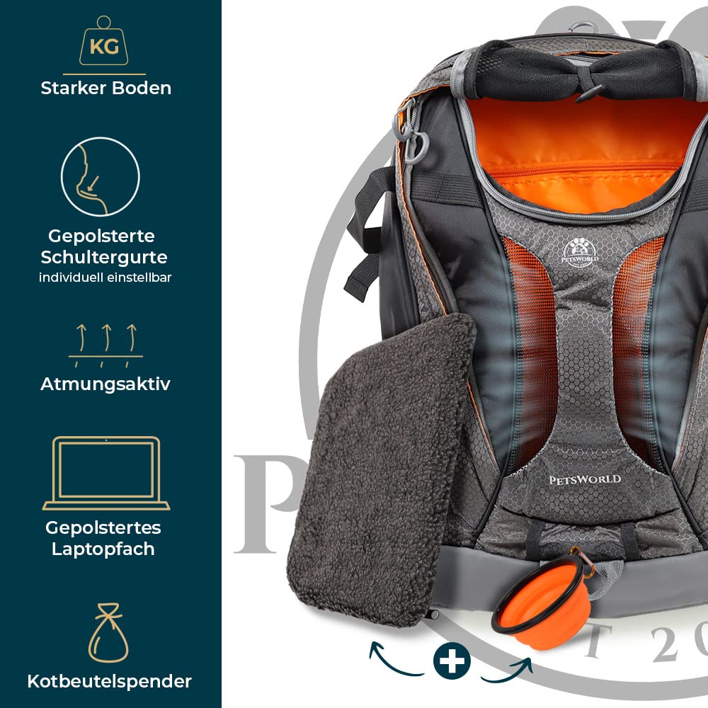 PETSWORLD Hunderucksack | Für Hunde bis 5 kg | Inkl. Kotbeutelspender, Wassernapf und Laptopfach | Flugtauglich als Handgepäck | Komfortabel und sicher