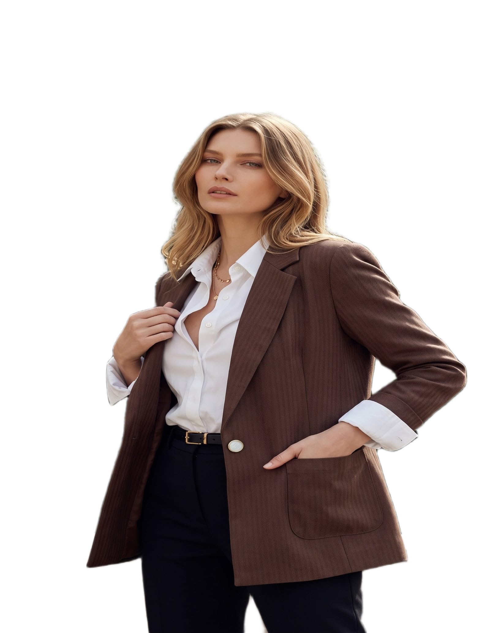 Women's Structured Brown Blazer Jacket Plus Size – Notch Lapel, Slim Fit Silhouette, Work & Office Ready-image-42