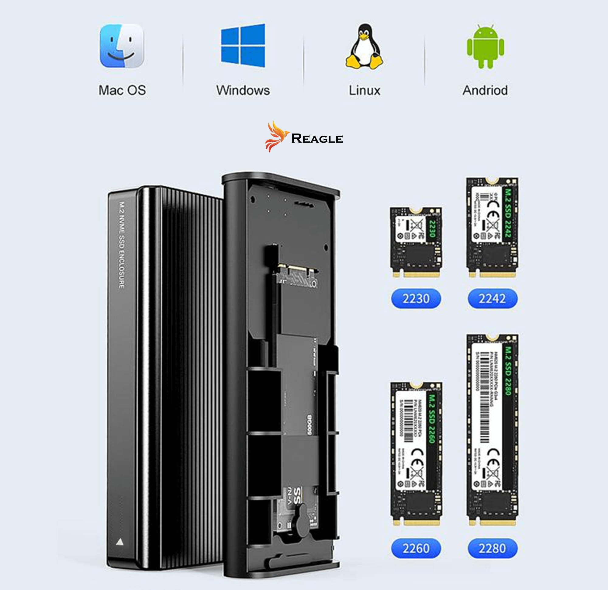 Reagle Adapter obudowy do NVME PCIe USB-C 4.0 M.2 Thunderbolt 4, 40 Gbps M-Key/M+B Key in 2230/2242/2260/2280 Enclosure beznarzędziowy, Plug & Play kompatybilny z Windows, MacOs