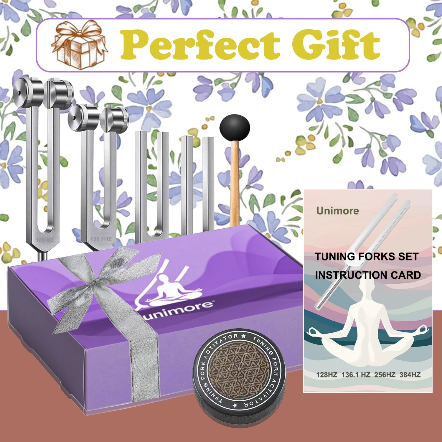 Juego de tenedores de afinación para curación, incluye 128 Hz, 136 Hz, 256 Hz, 384 Hz y activador, pies de gema, accesorios de grado médico para yoga y meditación, instrumentos de afinación de música