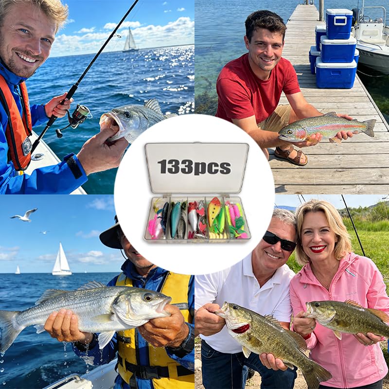 133 Piezas Kit de Señuelos de Pesca, Set de Cebos Artificiales con Caja, Señuelos para Spinning, Río y Mar, Accesorios de Pesca para Black Bass, Trucha y Lucio