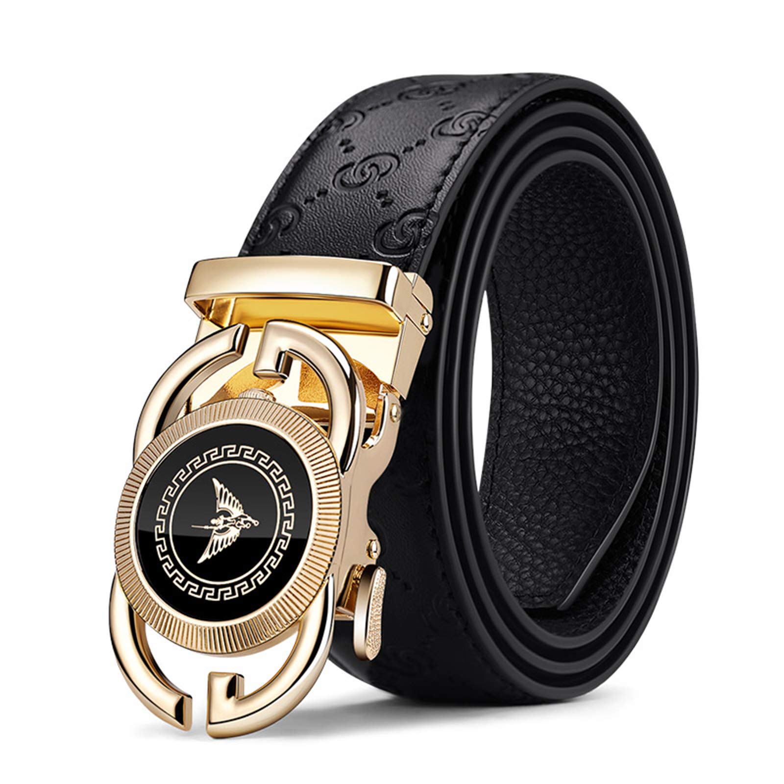 Cinturones de trinquete de cuero para hombre, hebilla automática con caja de cinturón, regalo para hombres, dorado (02-Gold)