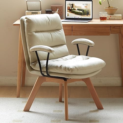 Miniatura 7 de Silla de escritorio ergonómica Leathaire, cómoda y moderna silla de oficina en casa, sin ruedas, patas de madera de haya, color blanco crema