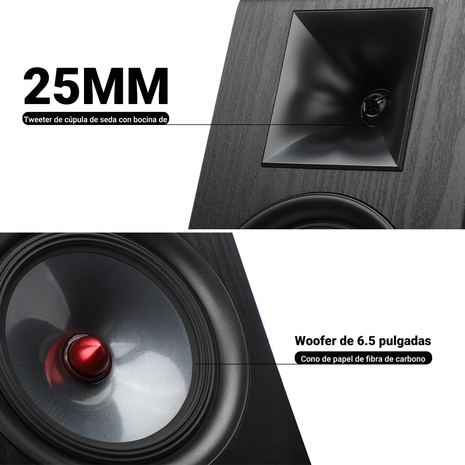AIYIMA P600 Altavoces de Estantería Pasivos 6,5" 2 Vías, 30Hz-20kHz, 2x50W RMS,Woofer de Fibra de Carbono y Tweeter de Seda con Bocina, Diseño Inclinado 6°, HiFi para Amplificador Audio Hogar