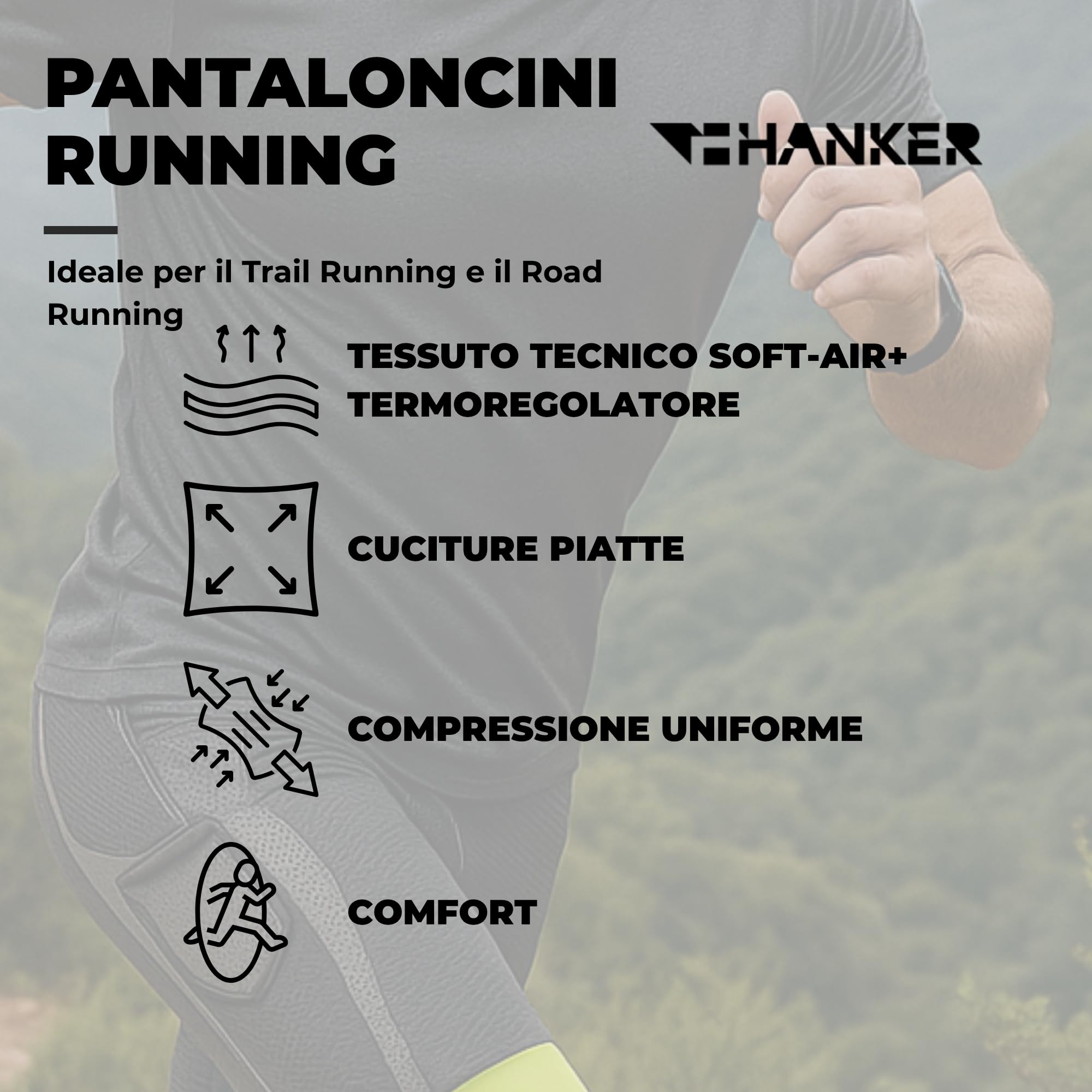 HANKER Maglia corta a compressione da uomo con tessuto termoregulatore, ampie tasche e cuciture piatte. Ideale corsa e trail running