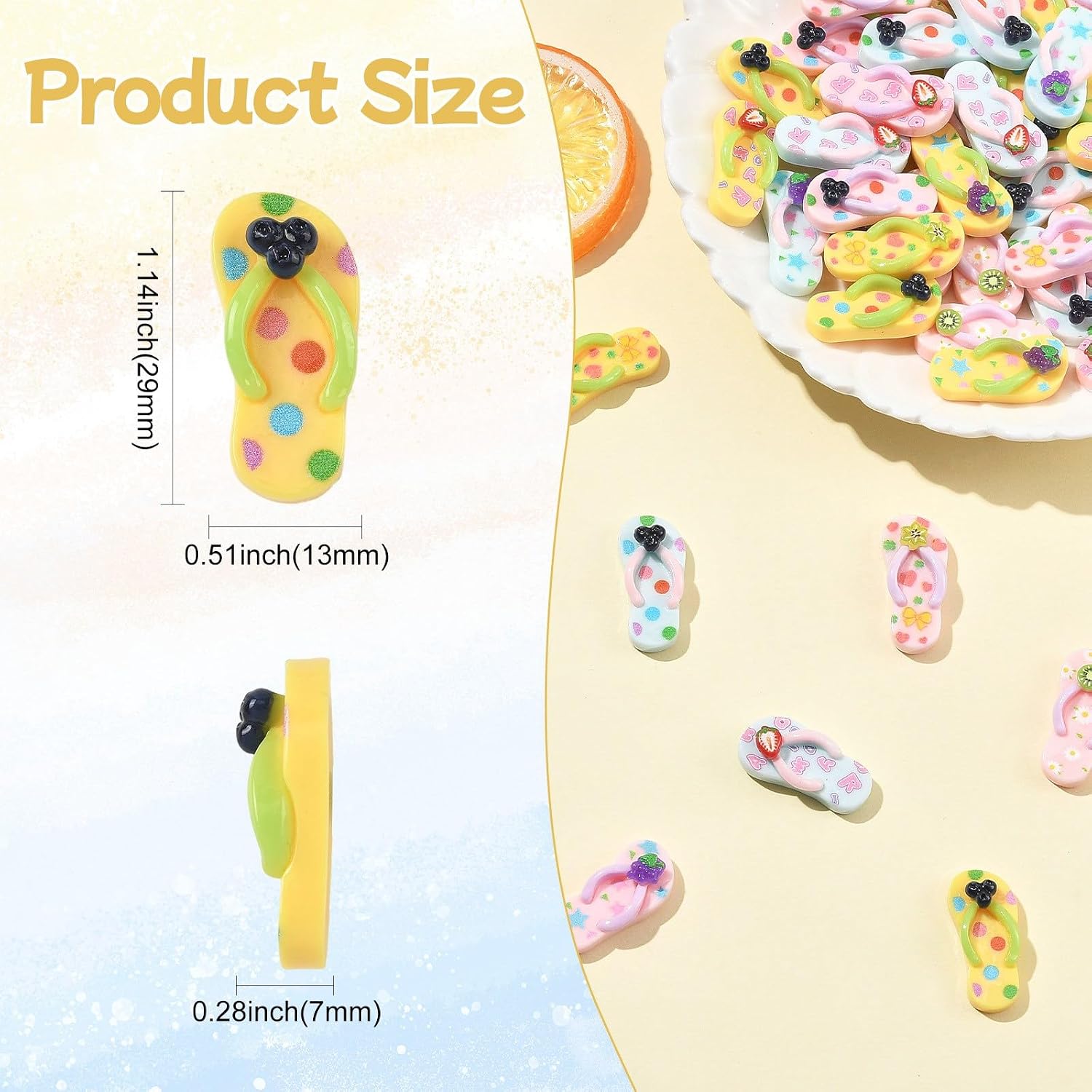 Stiesy 50Pcs Flip Flops Resin Cabochons Slippers with Fruit Flatback Slime Charms for DIY Scrapbooking Embellishment Phone Crafts Making Hair Clip Headband Jewelry Decor image 2