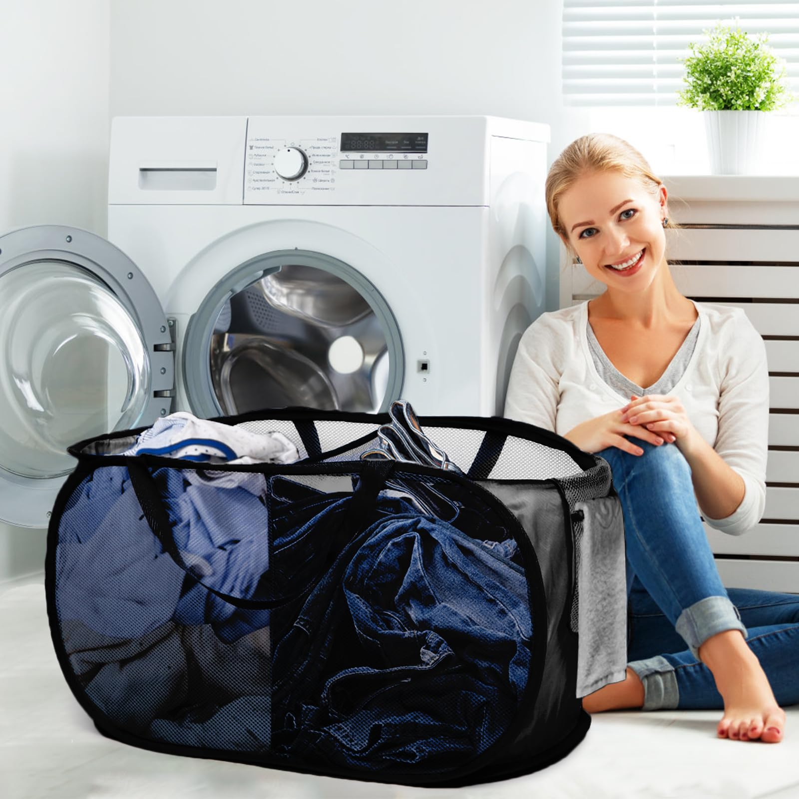 Diggoour Durable Collapsible Laundry Baskets, 2 Compartments Pop Up Laundry Hamper with Handy Pocket - Image 2