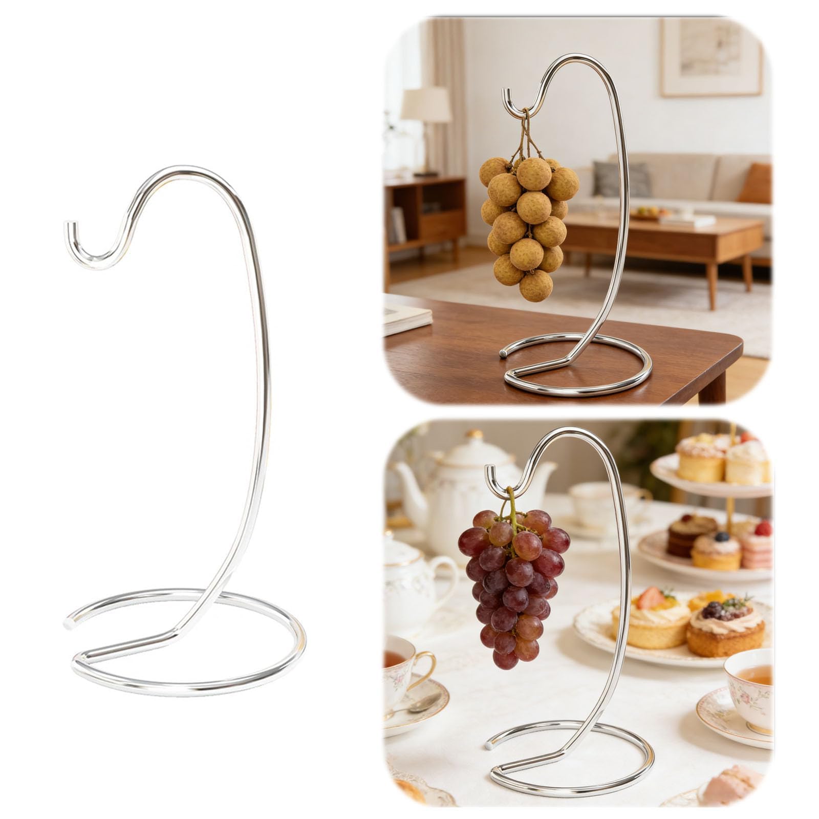Psaltrycom Silver Banana Hanger Stand Metal Fruit Holder For Kitchen Counter Banana Tree Rack With Stable Base For Bananas Grapes (,15*15*26.4Cm)