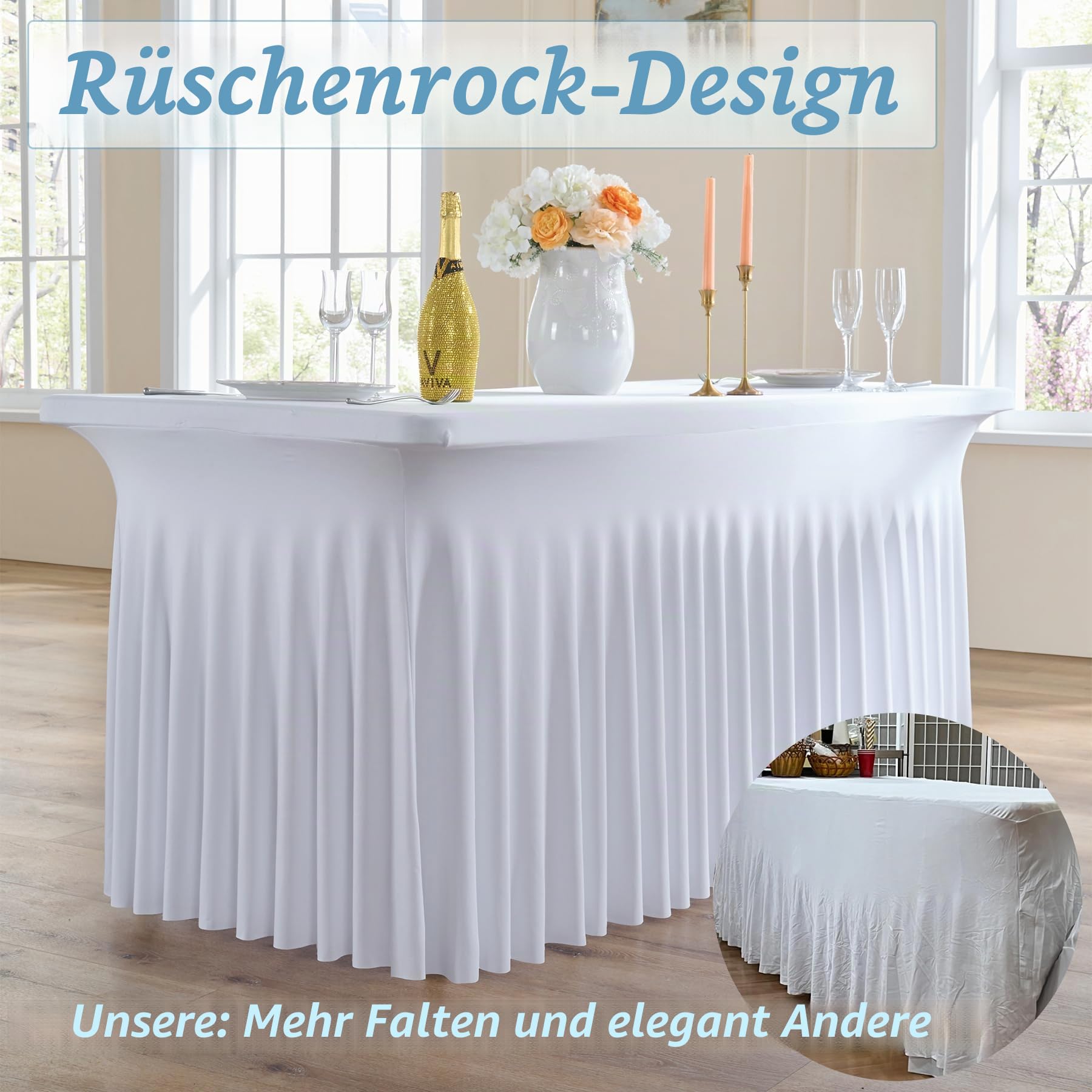 6-Pack Weiß Spandex Tischdecke für 180cm Rechteck Tische, Faltenfreie Stretch Tischdecke mit Rock für Bankett Party Hochzeit Geburtstag Meeting Display Dekoration Tischdecken