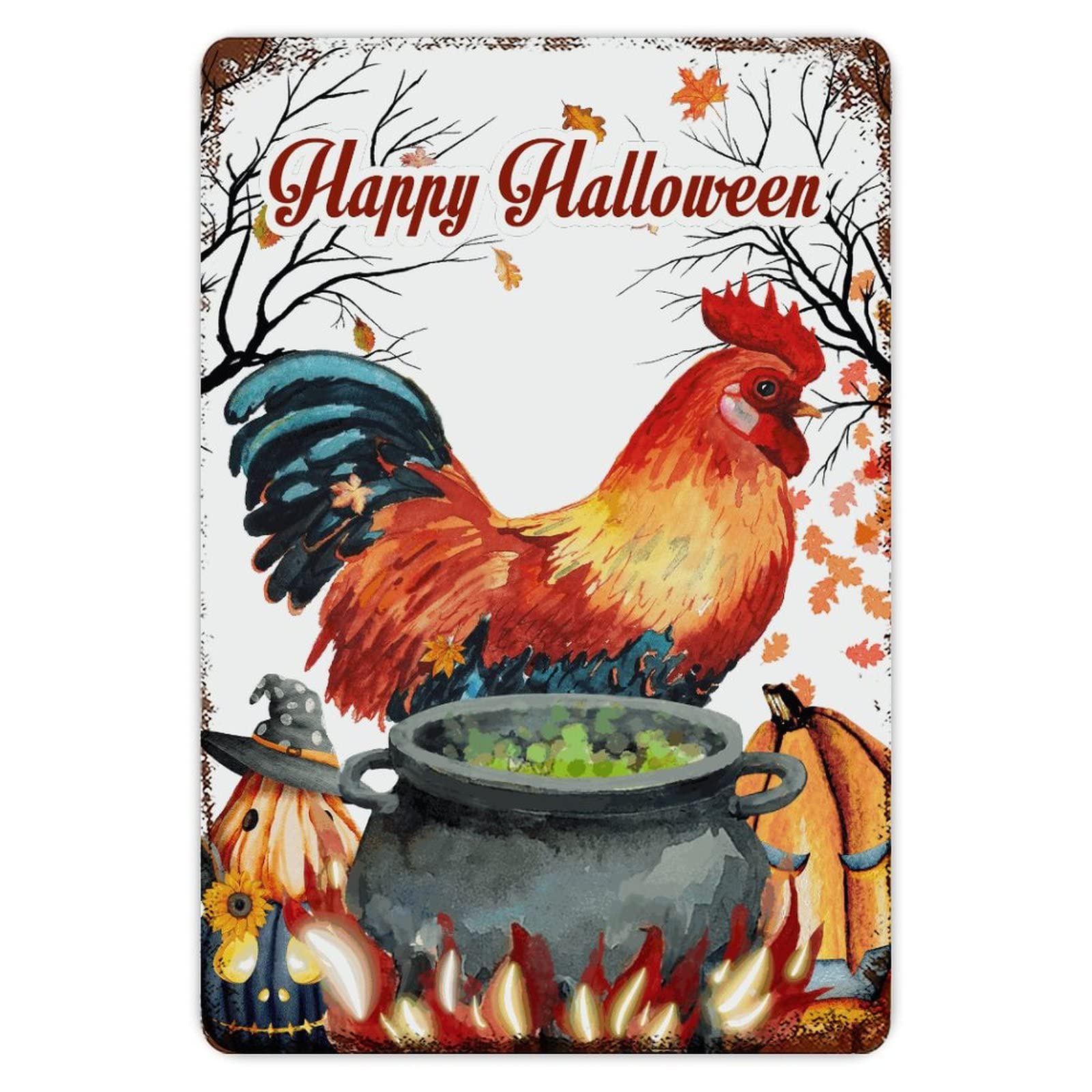 ENEDNATE Trick Or Treat Halloween Rooster Pumpkin Aluminum Tin Sign 8x12 Inch Waterproof Vintage Metal Sign for School Office Classroom Gate Garage Garden Home Wall Decoration Housewarming Gifts