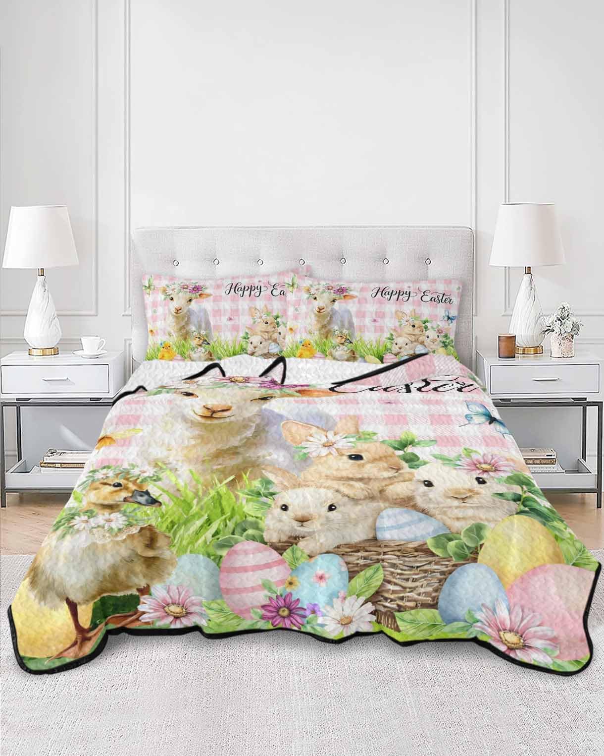 Queen Quilt Set, Easter Egg Rabbit Sheep Lightweight Soft Microfiber Summer Bedspread Coverlet with 2 Pillow Shams, Meadow Daisy Herb Pink Plaid 3 Piece Bedding Set for All Seasons