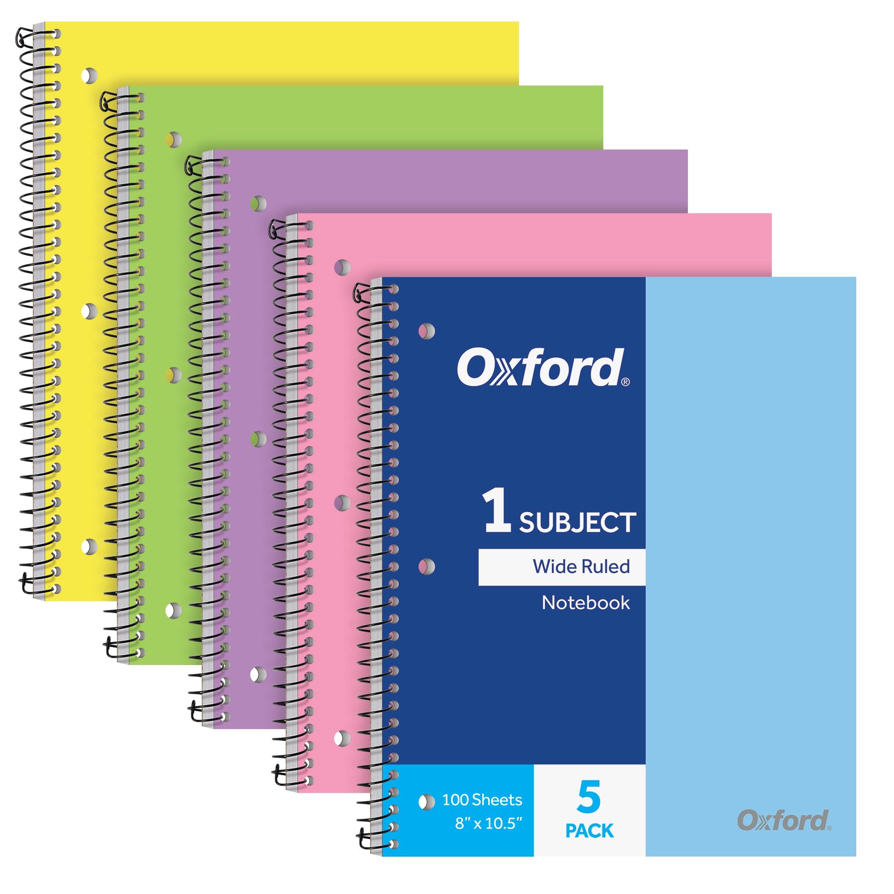 Oxford Lot de 5 cahiers à spirales 1 sujet, couvertures en plastique, fournitures de rentrée scolaire, lignes larges, 100 feuilles, couleurs pastel assorties : bleu, vert, jaune, rose et violet
