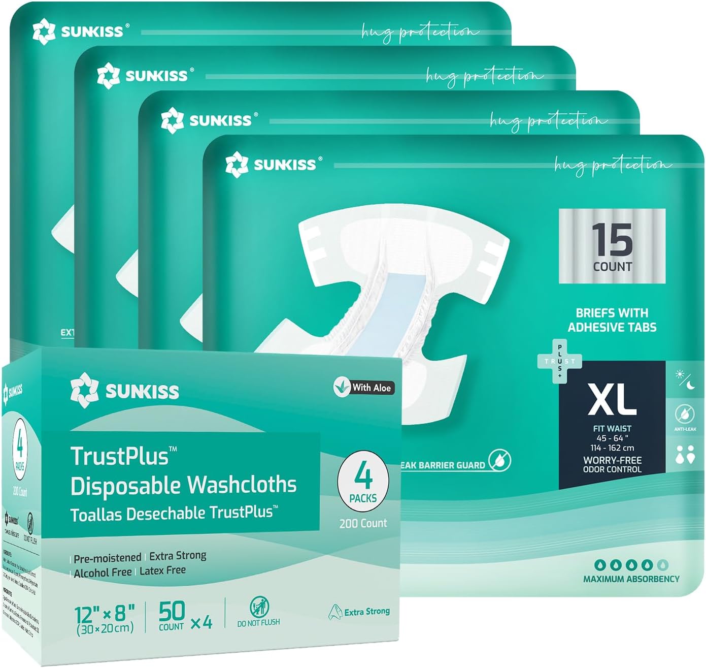 SUNKISS TrustPlus Adult Diapers XLarge 60 Count & Wet Wipes 8" x 12" 200 Count Bundle - Leak Protection, Odor Control, Super Absorbency, Body Cleaning
