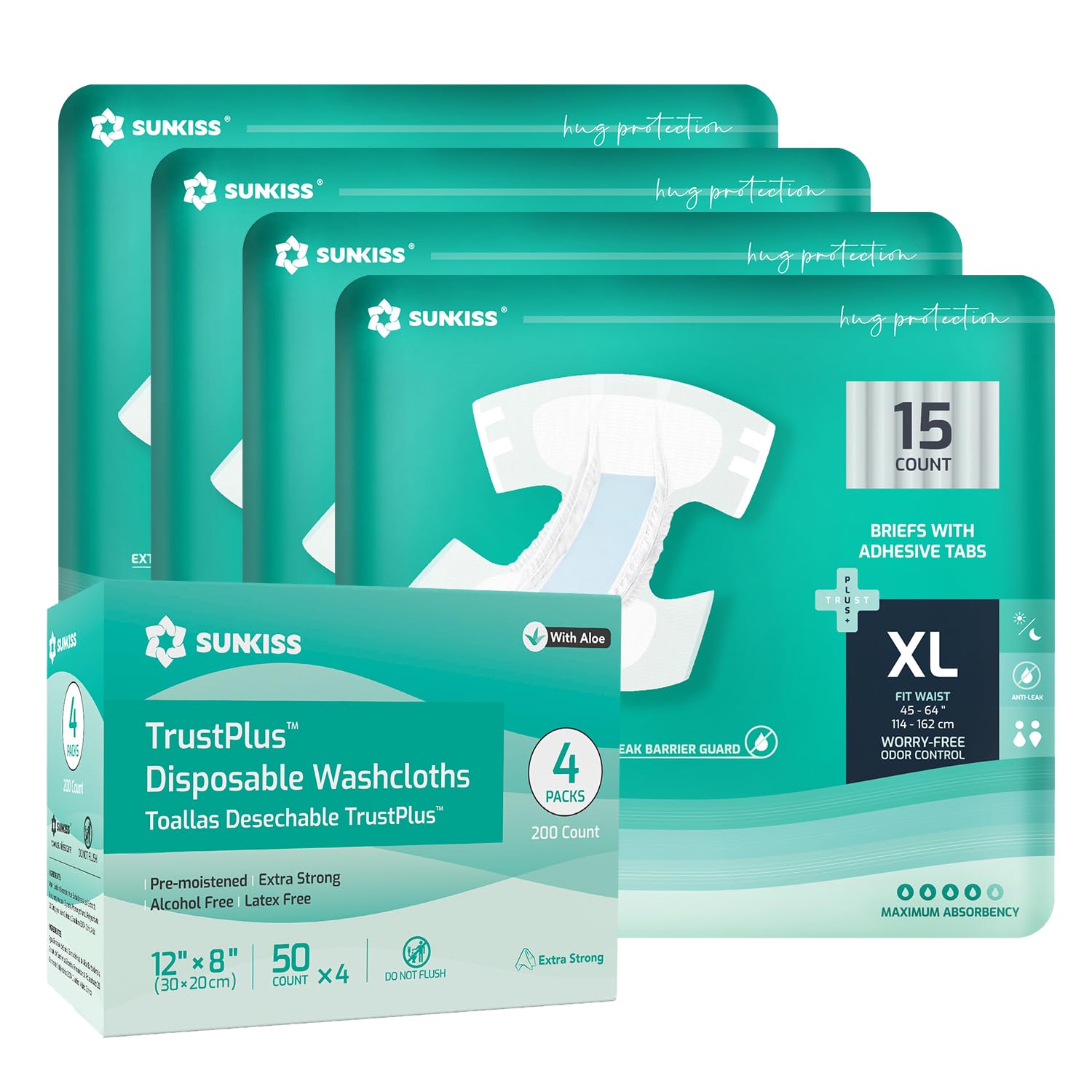 SUNKISSTrustPlus Adult Diapers XLarge 60 Count & Wet Wipes 8" x 12" 200 Count Bundle - Leak Protection, Odor Control, Super Absorbency, Body Cleaning