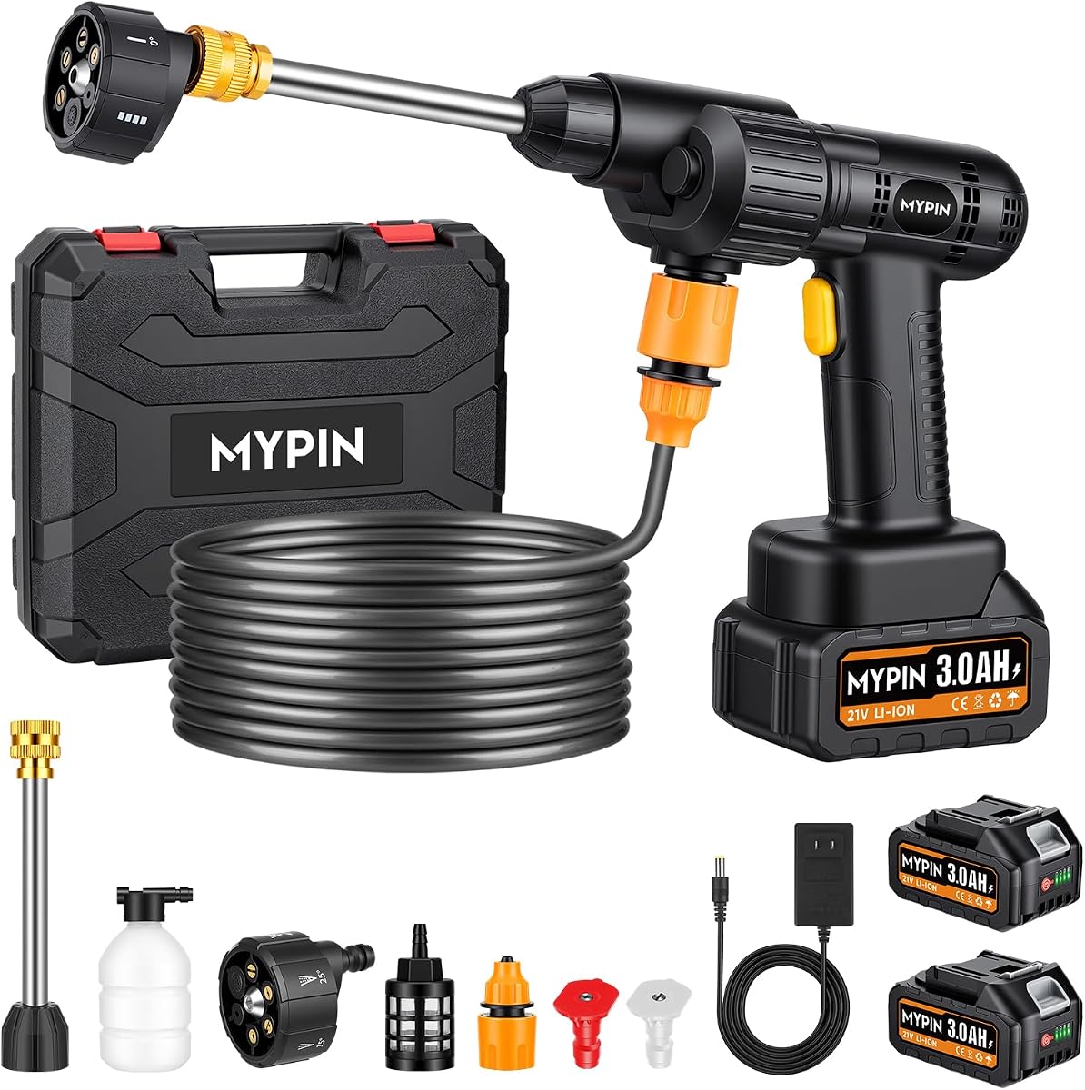 Portable Cordless 600PSI Pressure Washer, 6-in-1 Nozzle with Jet Nozzles | 21V 2x3.0Ah Batteries Handheld Car Powered Washer with Battery Level Display for Car Floor Wall Fence Garden Cleaning