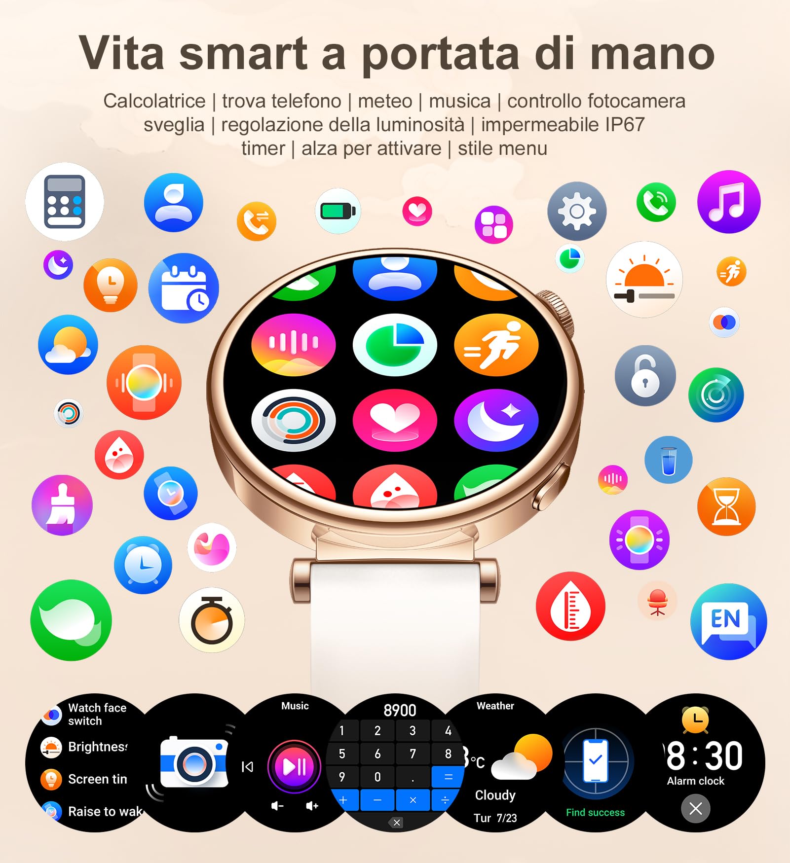 Smartwatch Donna Piccolo, 1.27" Smart Watch Rotondo 41mm, Orologio Digitale Elegante con Chiamate, Contapassi, 100+ Modalità Sportive, Cardiofrequenzimetro, Sonno, Compatibile iOS Android, Oro Rosa