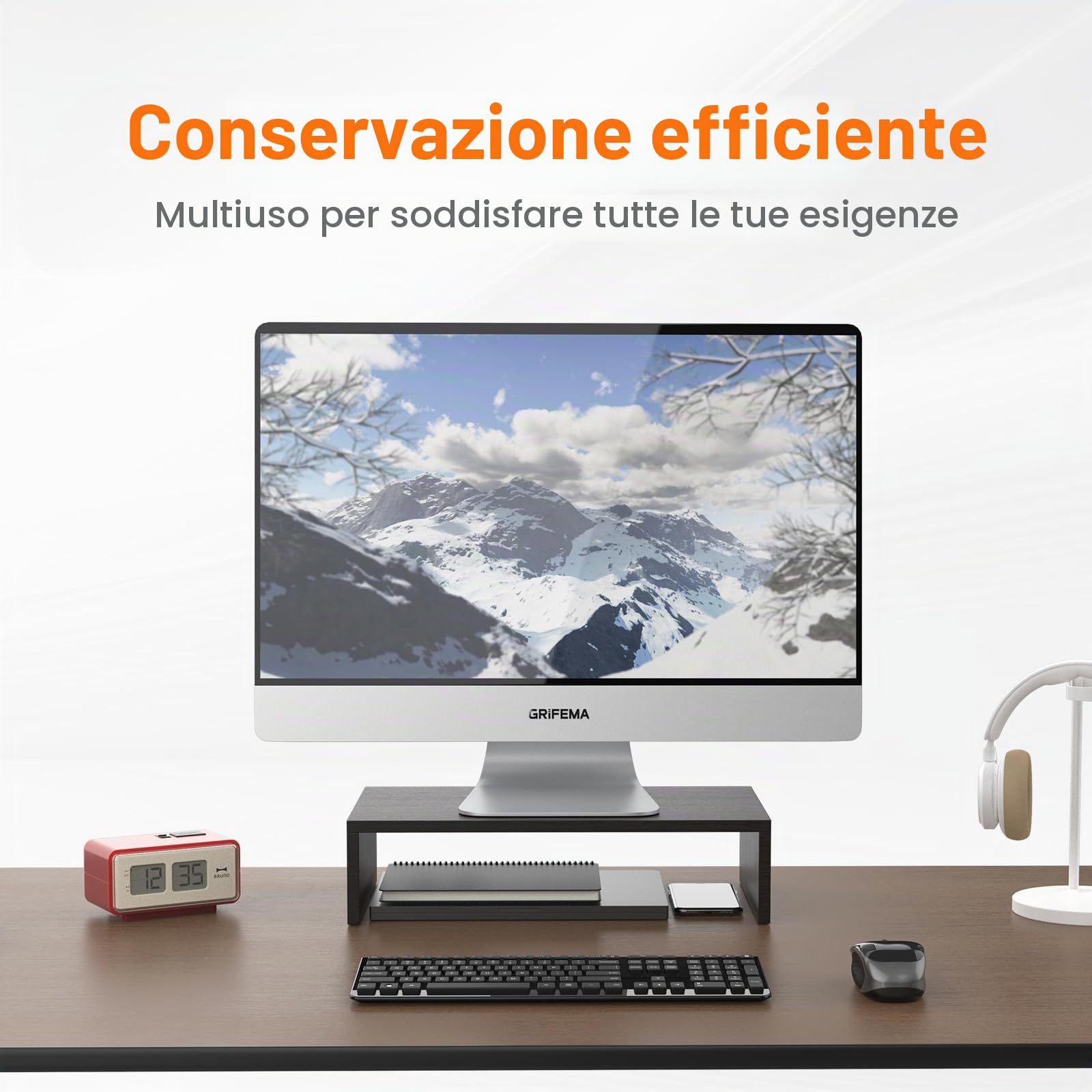 GRIFEMA GB1052-1 Rialzo per Monitor in Legno, Supporto per Monitor da Tavolo per Monitor, Laptop, Stampanti, Portata Fino a 20 kg, L420 x L233 mm x H104, Nero