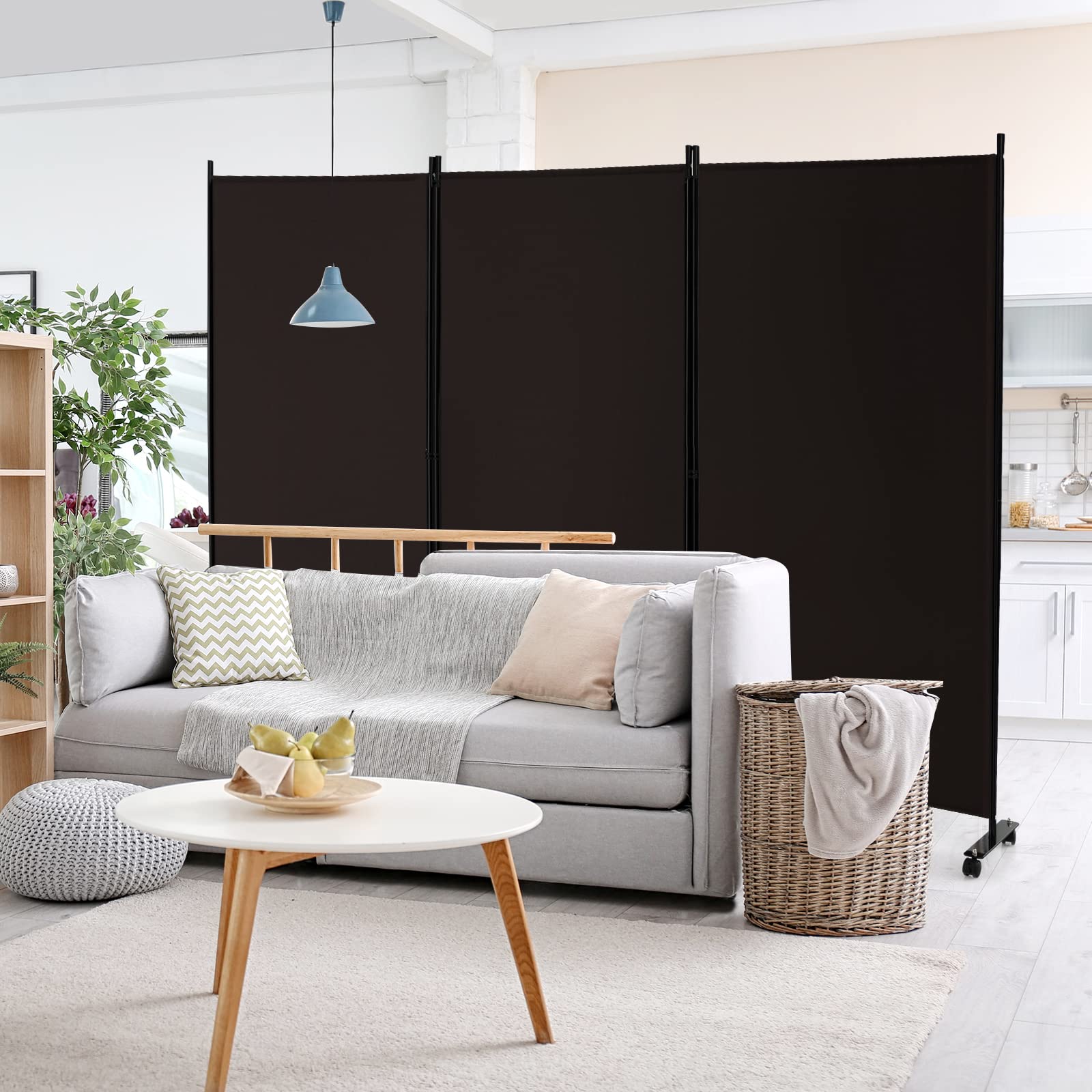 GIANTEX 262 x 180 cm - Paravent de séparation de pièce avec roulettes - en 3 Parties - Autonome - Pliable - Mur Espagnol - en Tissu - Fer - Protection privée pour Chambre à Coucher (Marron)