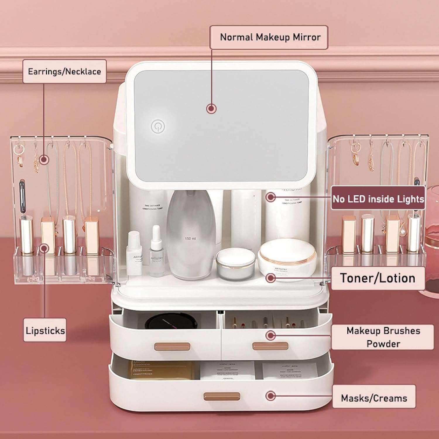 Make up Organizers and Storage for Vanity,Large Capacity Dust And Waterproof Skincare Organizer,Double Door Transparent Acrylic Cosmetic Case with Three Drawers,with Mirror Cosmetic Display Case