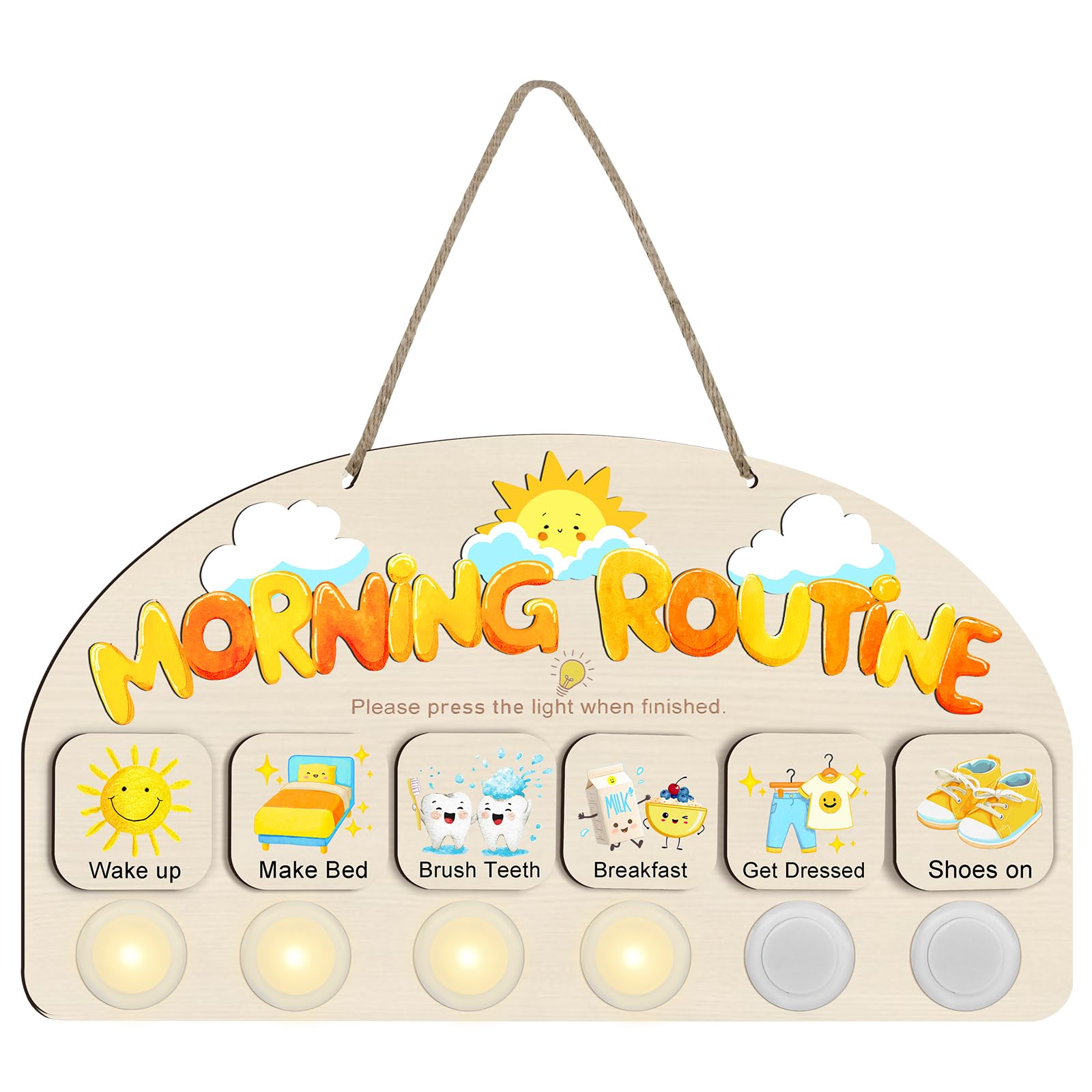 Tabella di routine mattutina per i più piccoli, tabella visiva delle faccende domestiche con 6 luci di rubinetto e 10 schede di attività, tabellone in legno per bambini, bambini in età