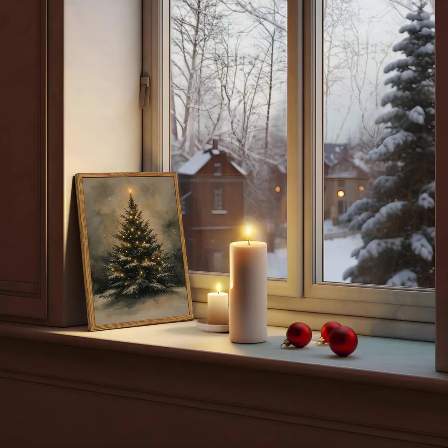 Vintage Christmas Wall Art Natural Christmas Tree Wall Decor Paintings Winter Landscape Pine Tree Poster Canvas Prints for Farmhouse Mantel Bedroom Living Room 12x16 inch Wood Framed