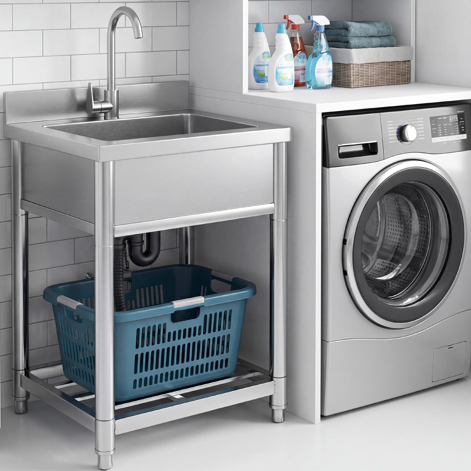 Fregadero con Patas Acero Comercial de Acero Inoxidable | 50 x 55 x 94 cm Fregadero de Cocina Independiente con Grifo, Fregaderos Industriales para Exterior, Cocina, Garaje, Jardín