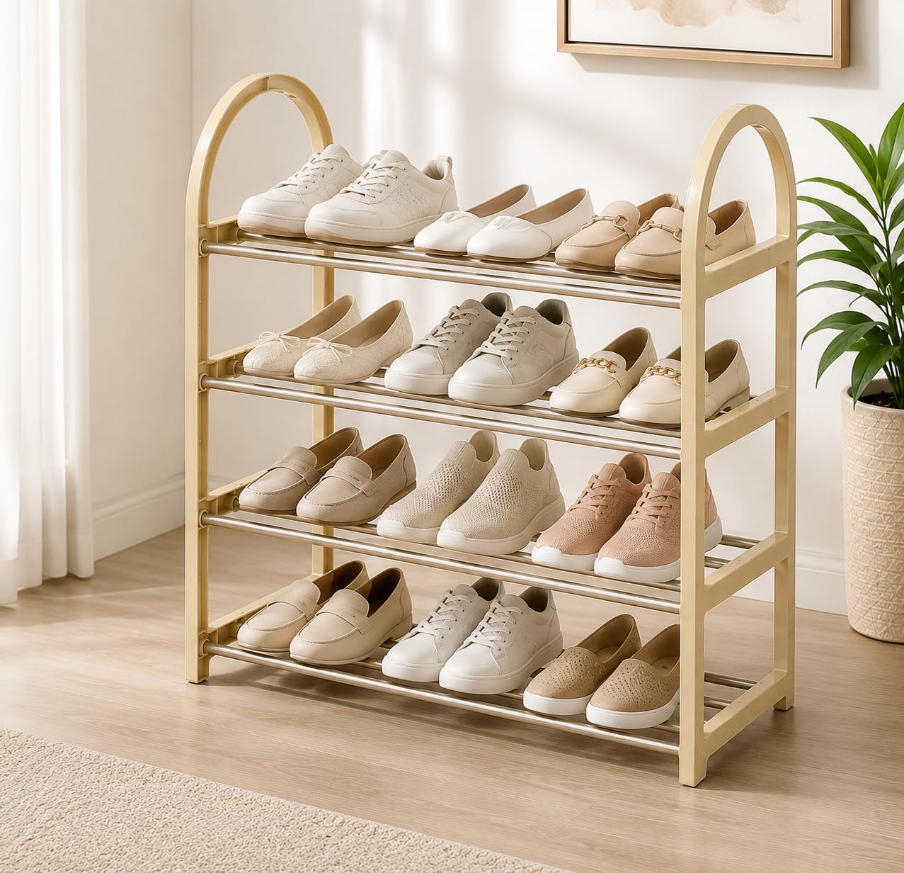 Yorten Modern 4-Tier Plastic Shoe Rack with Metal rodes – Space-Saving Entryway Organizer for Hallway, Closet, and Bedroom (Beige)-image-48