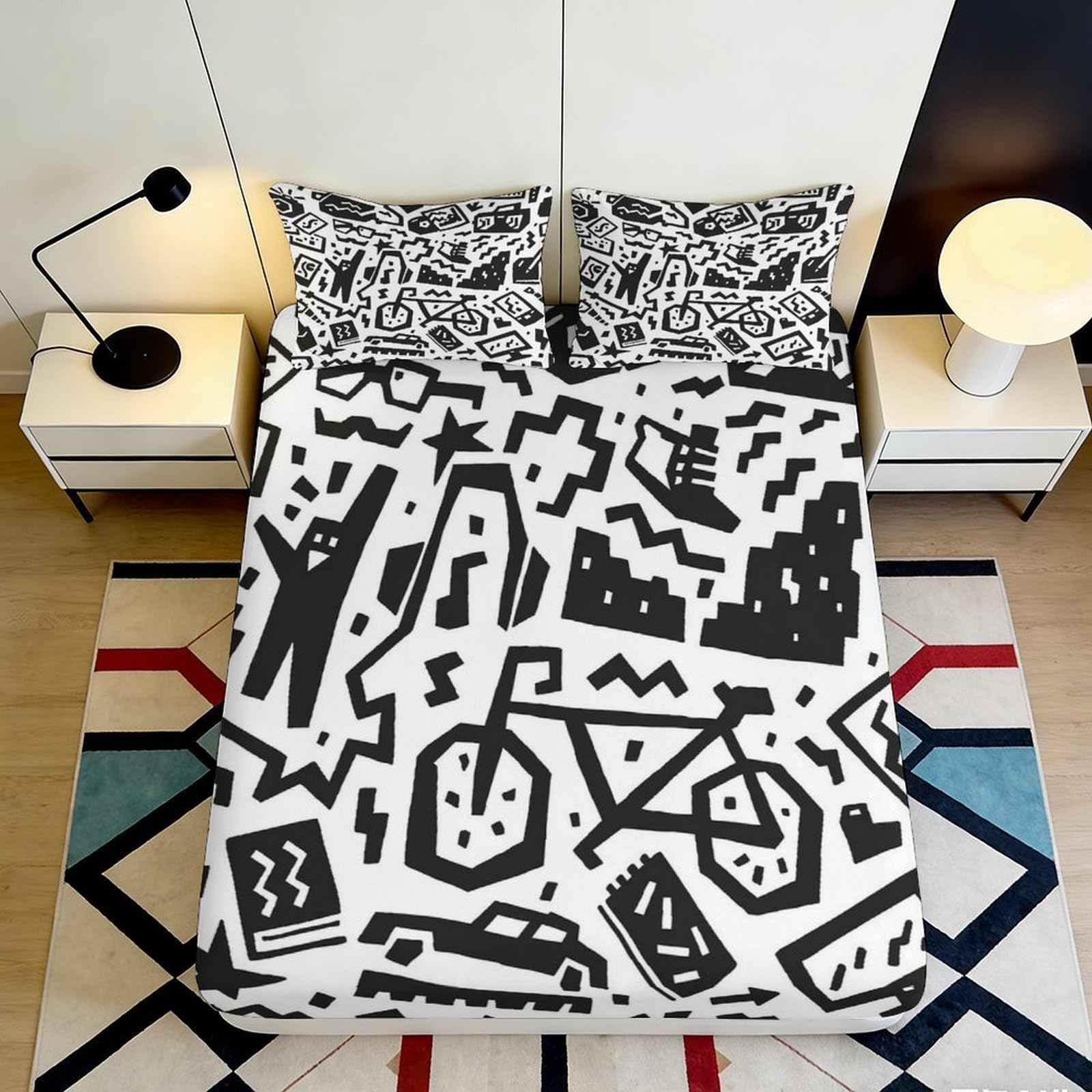 3D Printed Abstract Graffiti Fitted Sheet Microfiber Soft Breathable Urban Doodle Mattress Cover for Bedroom Dorm Decor 90x200x25cm