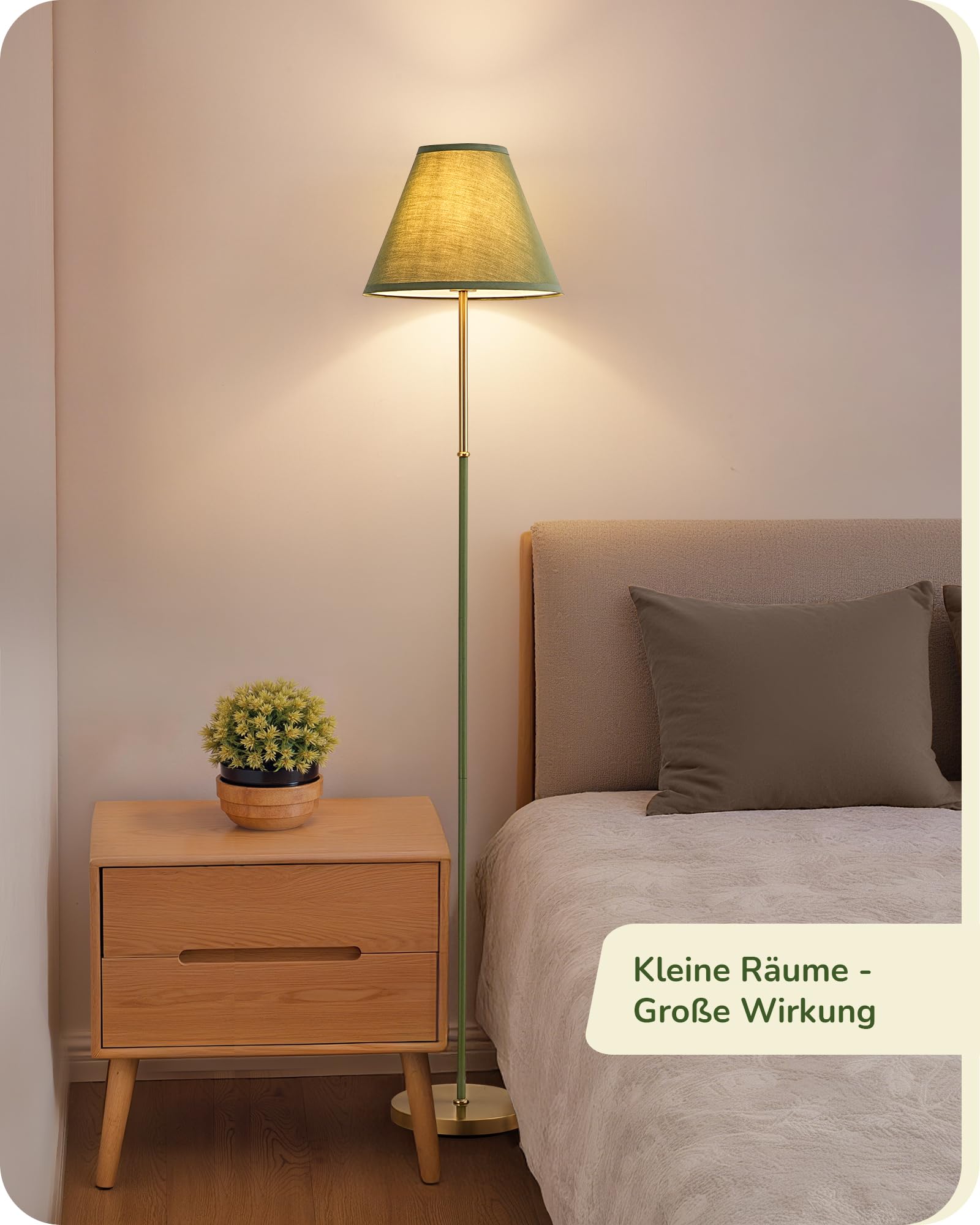 EDISHINE Stehlampe Wohnzimmer, Baumwoll-Leinenschirm, Retro, 2700K, Grün