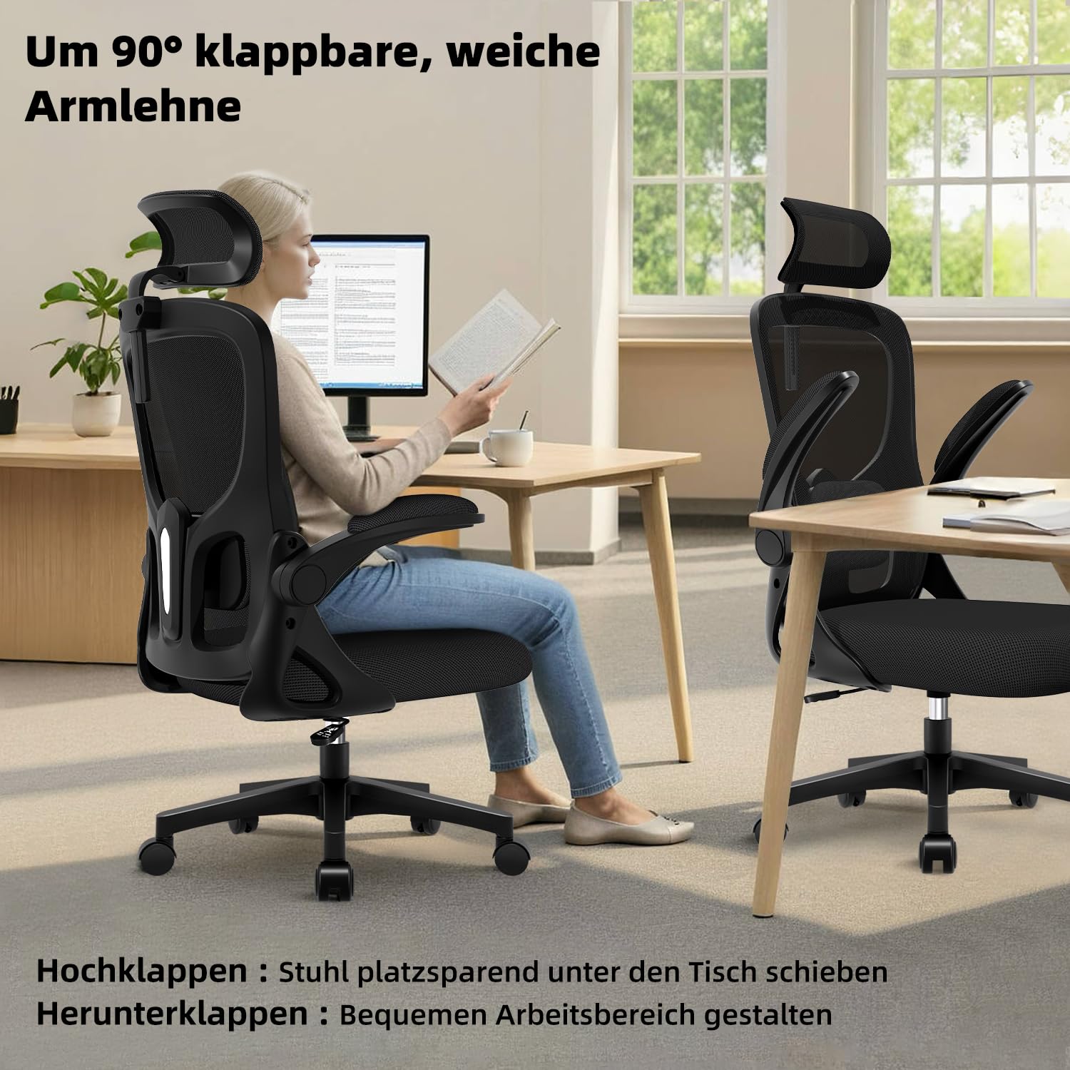 Bürostuhl, Schreibtischsessel mit Kopfstütze und Weiche Lordosenstütze, Bürostuhl ergonomisch mit Wippfunktion bis 130°,Schreibtischstuhl mit klappbaren Armlehnen, Drehstuhl 150 kg,Schwarz