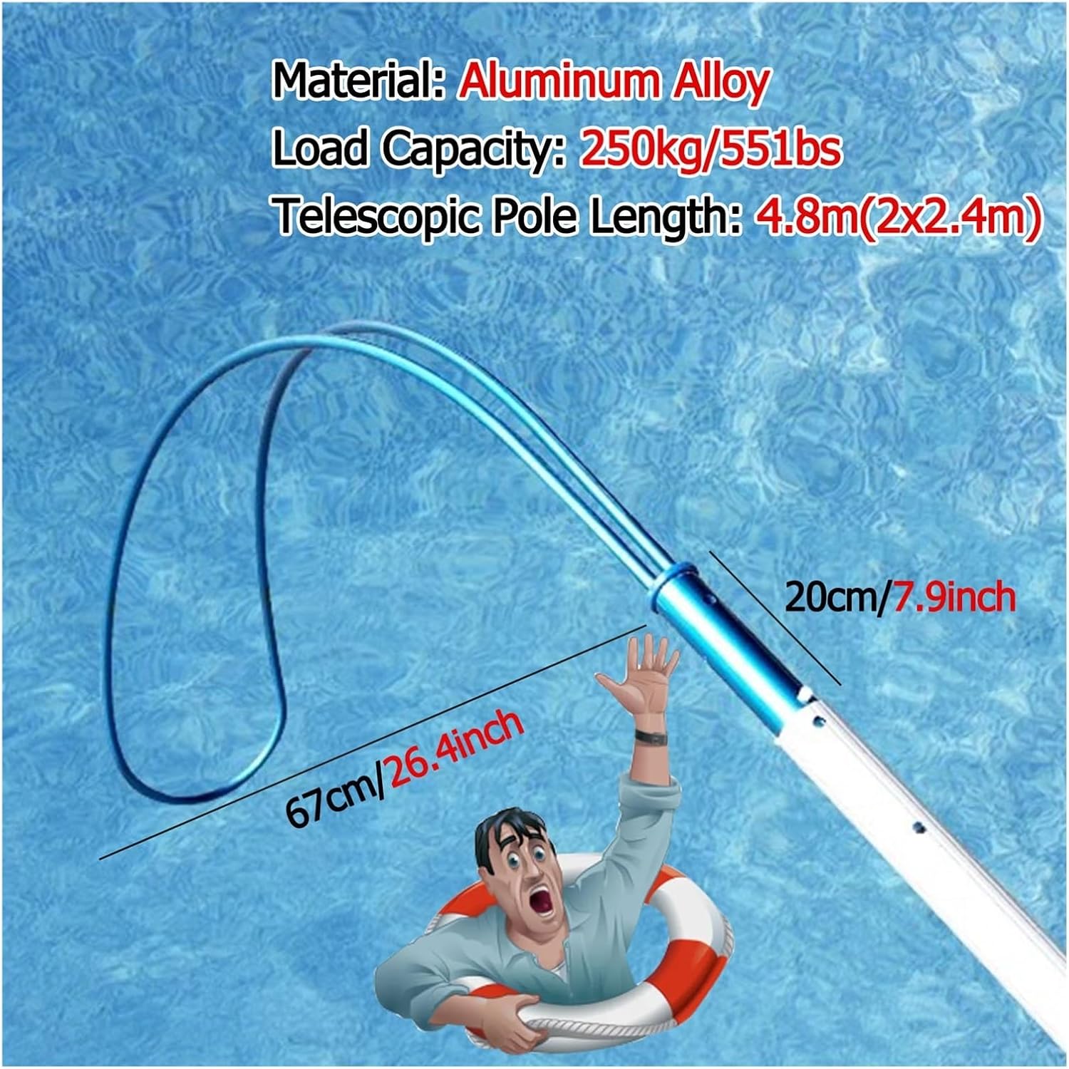Aluminum Telescopic Pool Rescue Pole, Lightweight Emergency Hook for Swimmers, Safety Lifesaver for Water Parks, Beaches & Swim Clubs, 4.8m Extendable Lifeguard Tool
